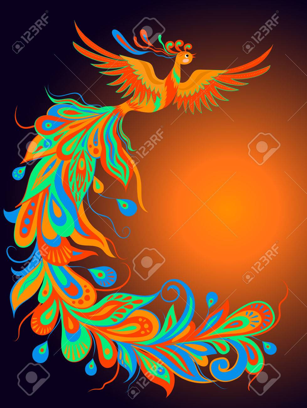 Vector Illustration Dun Phénix Oiseau Mythique Sur Un Fond Sombre