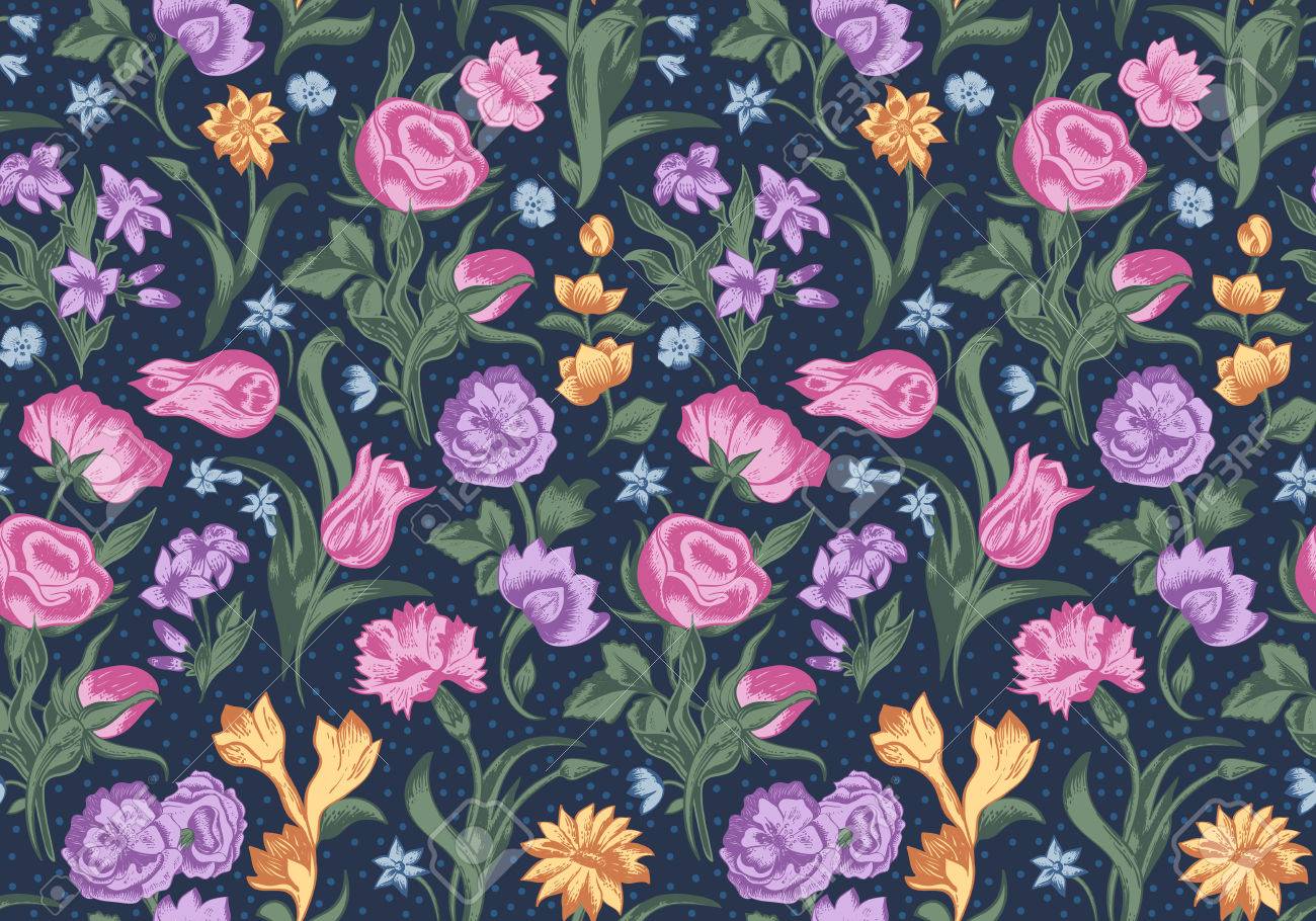 明るいシームレスなビンテージ花パターン ベクトル バラ カーネーション チューリップの水玉模様の黒い背景のピンク 紫色 茶色の色 のイラスト素材 ベクタ Image