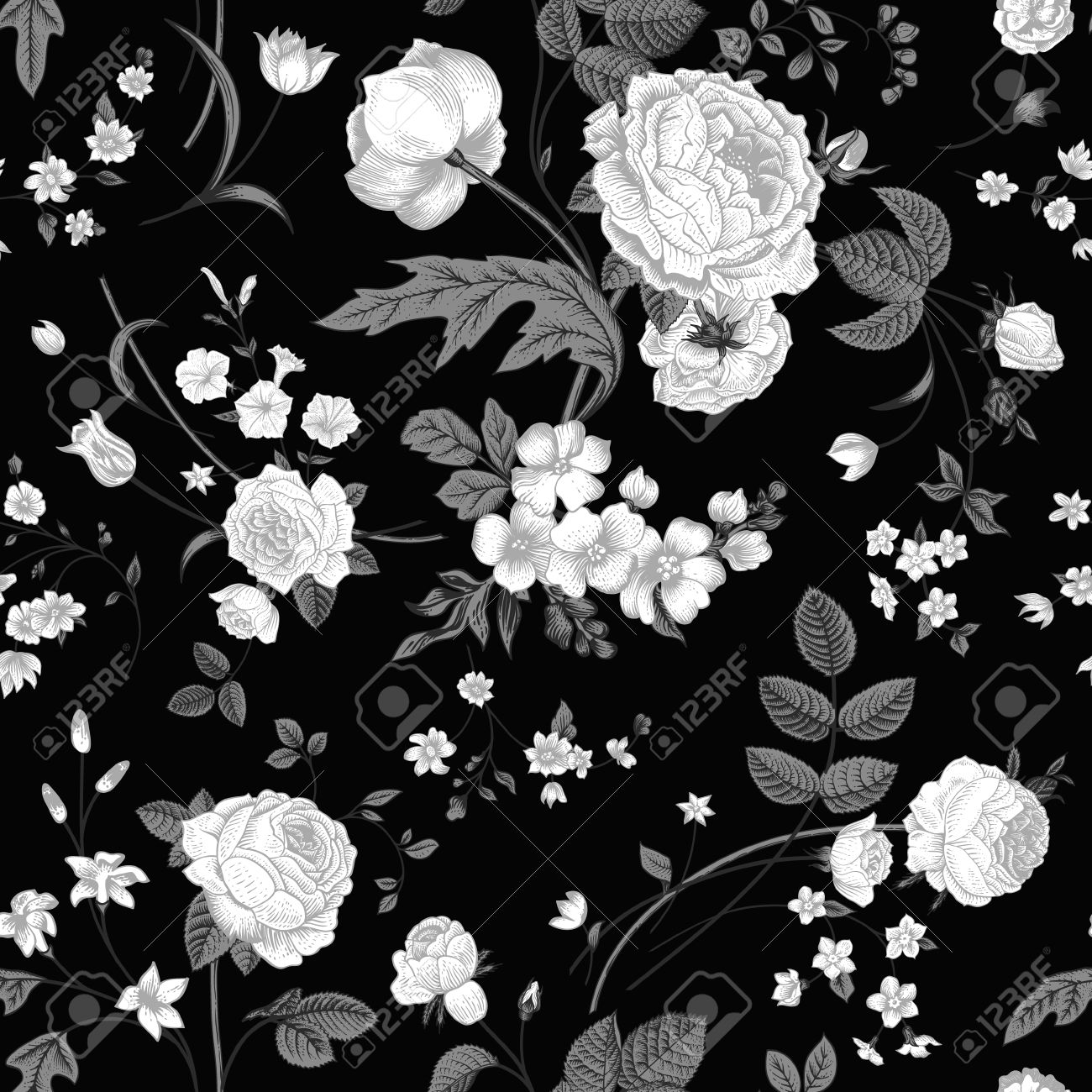 Nahtlose Vektor Muster Mit Viktorianischen Strauss Weisser Blumen Auf Einem Schwarzen Hintergrund Weisse Rosen Tulpen Rittersporn Mit Grauen Blattern Lizenzfrei Nutzbare Vektorgrafiken Clip Arts Illustrationen Image 26567433