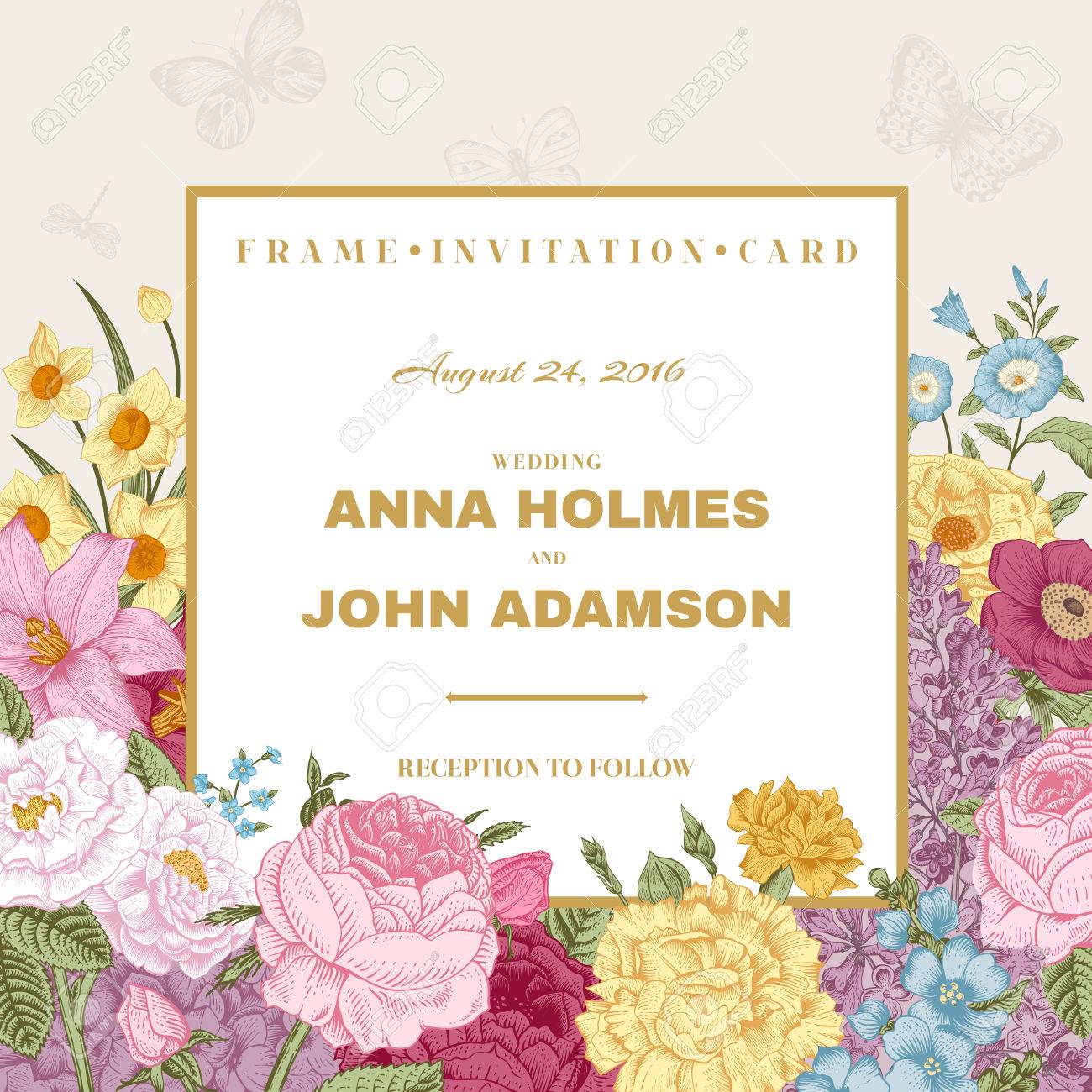 Weinlese Hochzeitseinladung Sommer Karte Bluhender Garten Bunte Helle Blumen Auf Einem Grauen Hintergrund Mit Goldenen Rahmen Vektor Illustration Lizenzfrei Nutzbare Vektorgrafiken Clip Arts Illustrationen Image