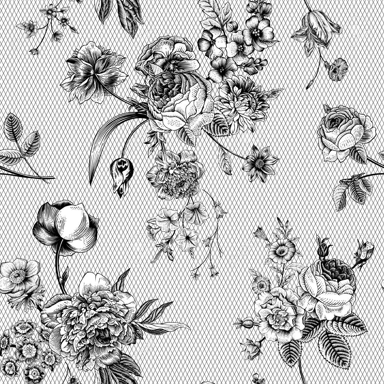 シームレスなベクトル 白い背景に黒い花のビクトリア朝の花束とヴィンテージのパターン グランド カバーのバラ チューリップ デルフィ ペチュニア アネモネ モノクロ レースです のイラスト素材 ベクタ Image