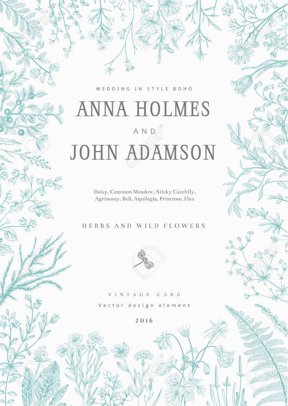 Der Rahmen Von Krautern Und Wilden Blumen Einladung Zur Hochzeit Im Stil Der Boho Vector Vintage Illustration Lizenzfrei Nutzbare Vektorgrafiken Clip Arts Illustrationen Image 53275964