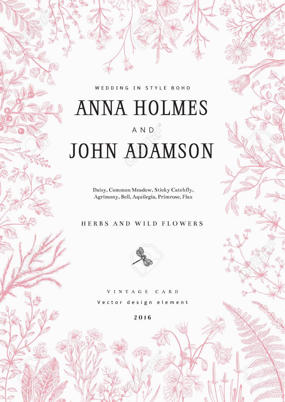 Der Rahmen Von Krautern Und Wilden Blumen Einladung Zur Hochzeit Im Stil Der Boho Vector Vintage Illustration Lizenzfrei Nutzbare Vektorgrafiken Clip Arts Illustrationen Image 53275967