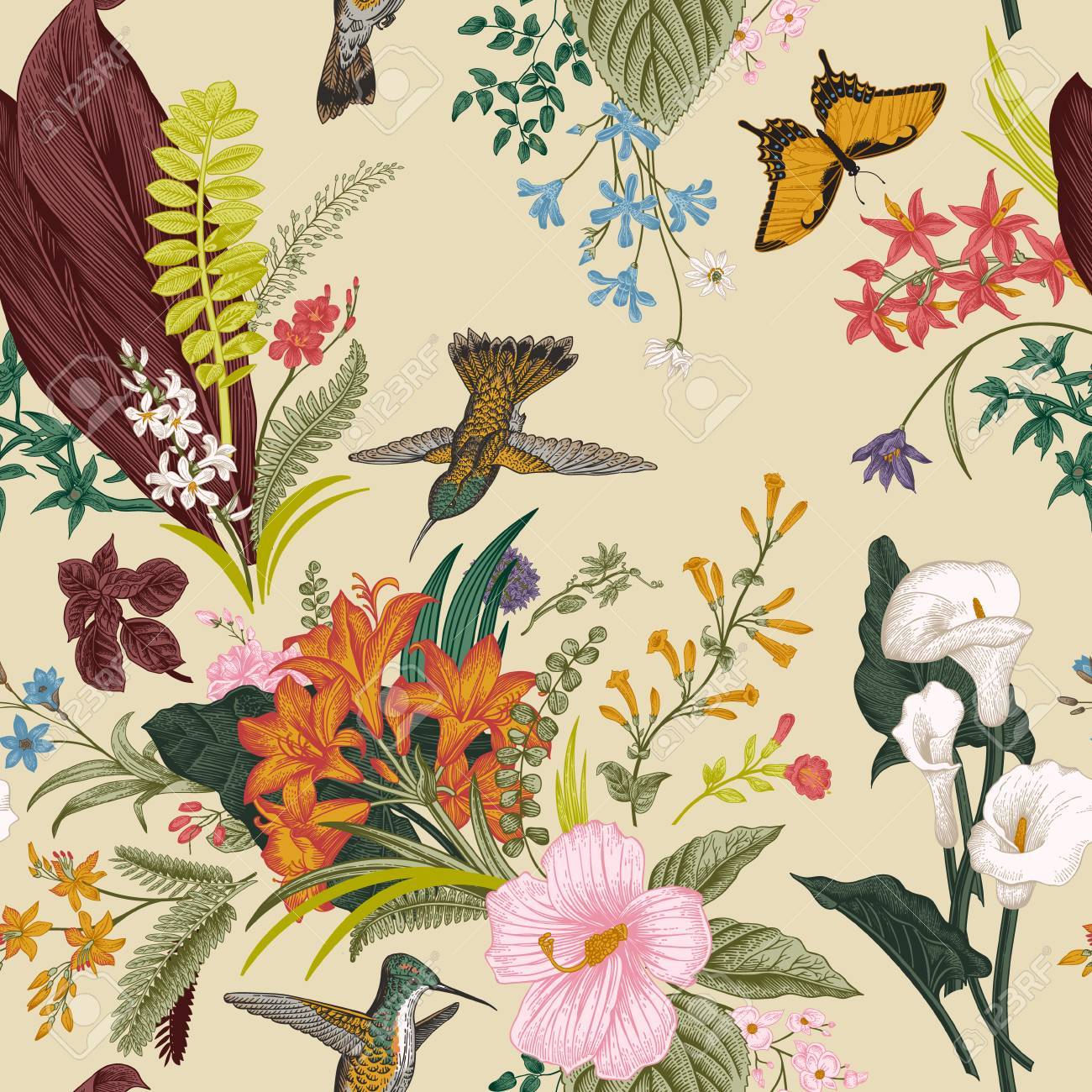 Vector seamless vintage floral pattern. Exotic flowers and birds. Botanical classic illustration. Colorful - 64657530 Vector seamless vintage floral pattern. Exotic flowers and birds. Botanical classic illustration. Colorful - 64657530