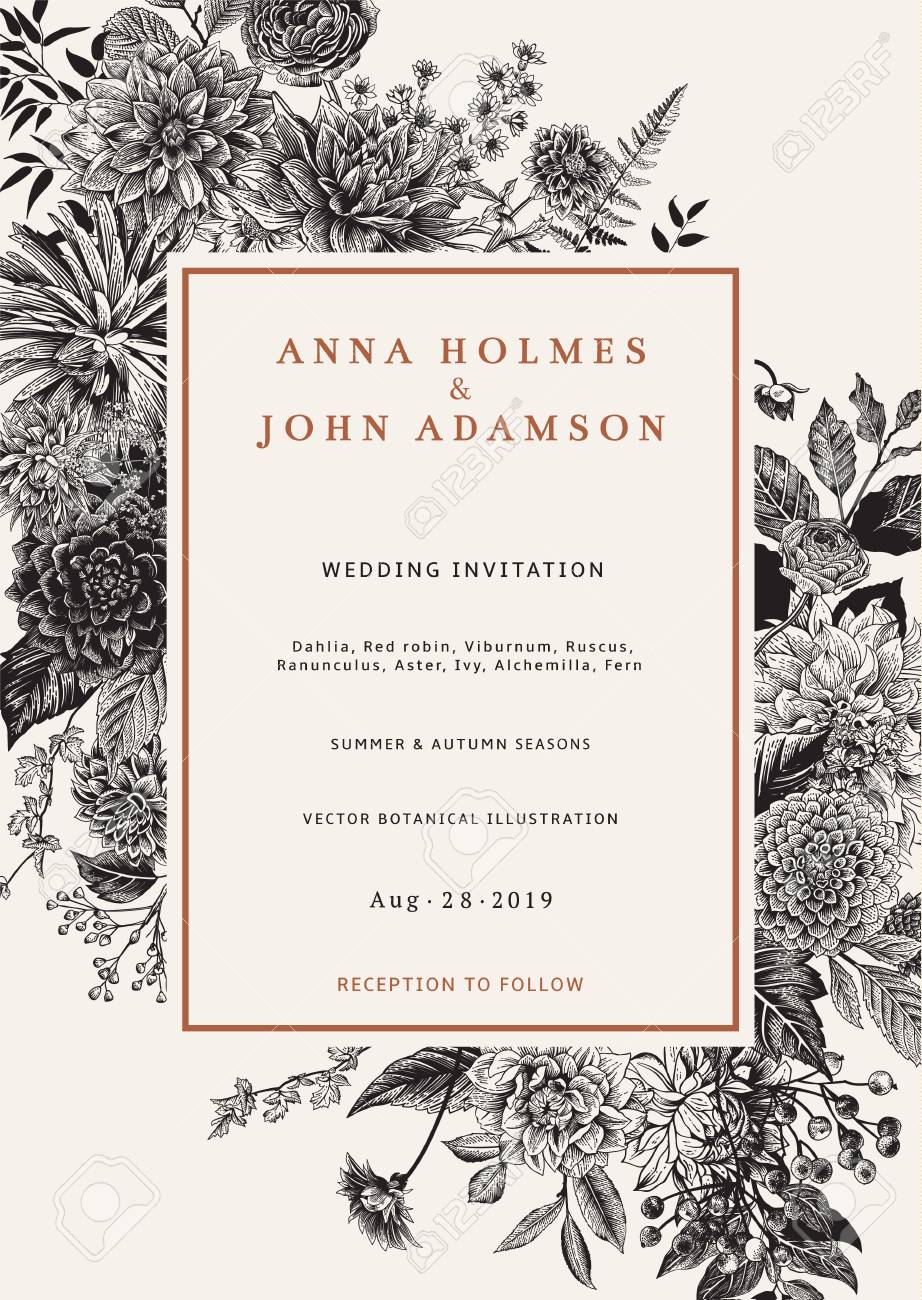 Wedding invitation. Autumn flowers, leaves and berries. Dahlias, Ruscus, Viburnum, Ranunculus. Modern floristics. Vector illustration. Black and white - 83921891 Wedding invitation. Autumn flowers, leaves and berries. Dahlias, Ruscus, Viburnum, Ranunculus. Modern floristics. Vector illustration. Black and white - 83921891