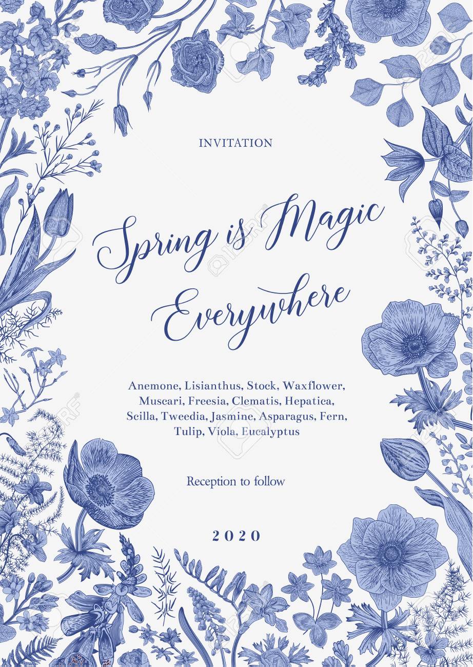 Spring magic. Invitation. Vector vintage illustration. Blue and white. Toile de Jouy - 122863399 Spring magic. Invitation. Vector vintage illustration. Blue and white. Toile de Jouy - 122863399