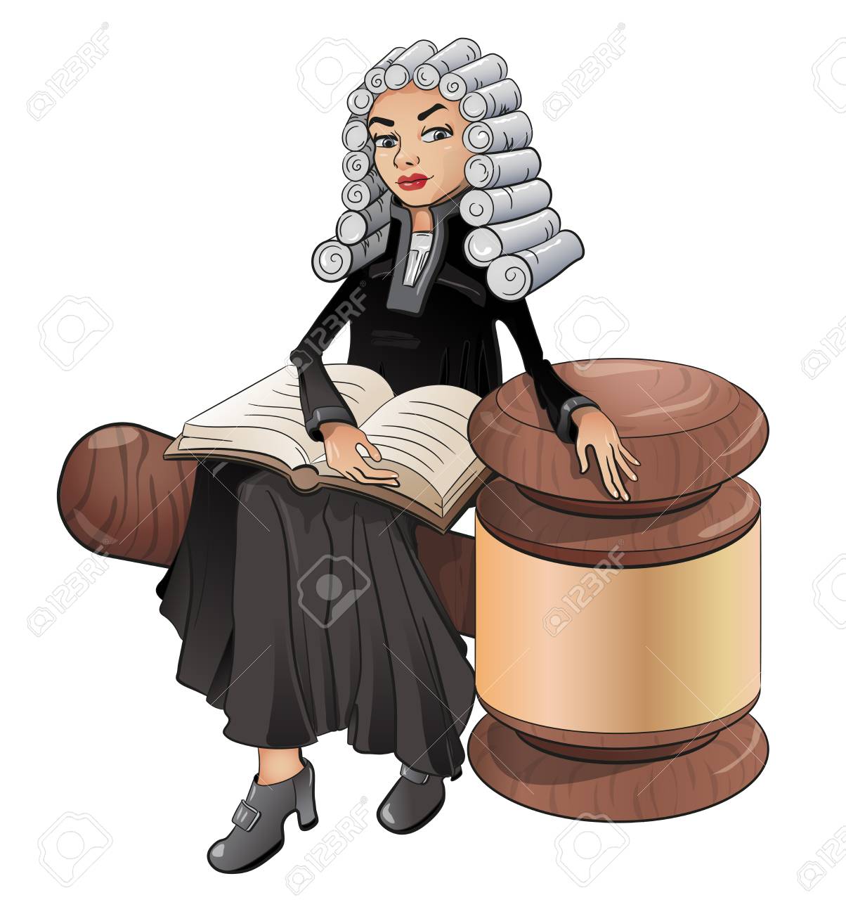 a judge is a female lawyer in a wig with a book and a hammer