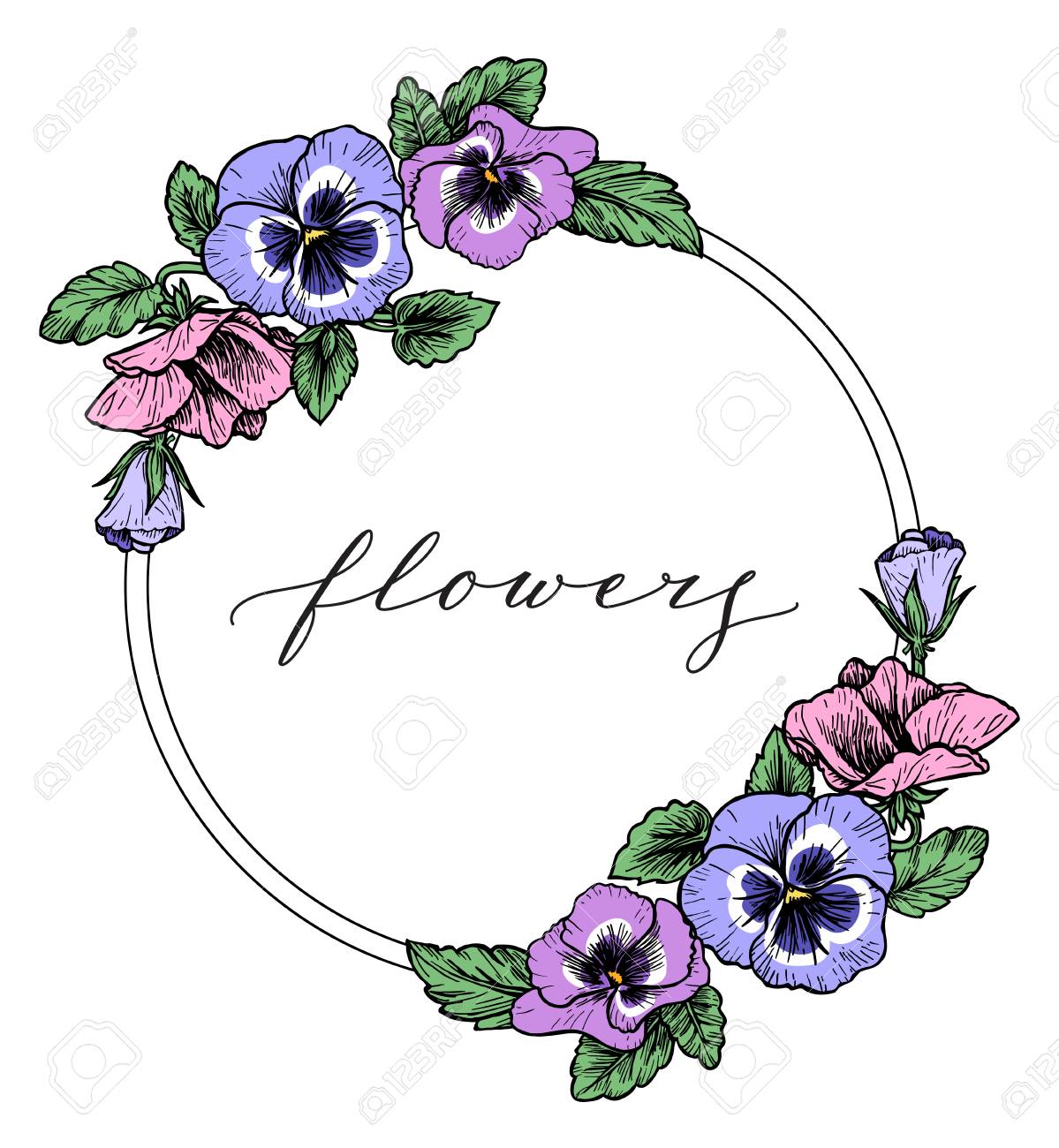 手でフレームは パンジーの花の図を描画します ビンテージ スタイルです のイラスト素材 ベクタ Image