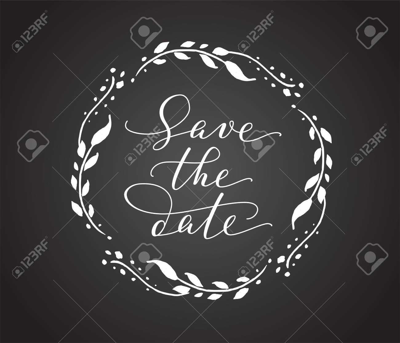 save the date card with floral wreath chalk board style black