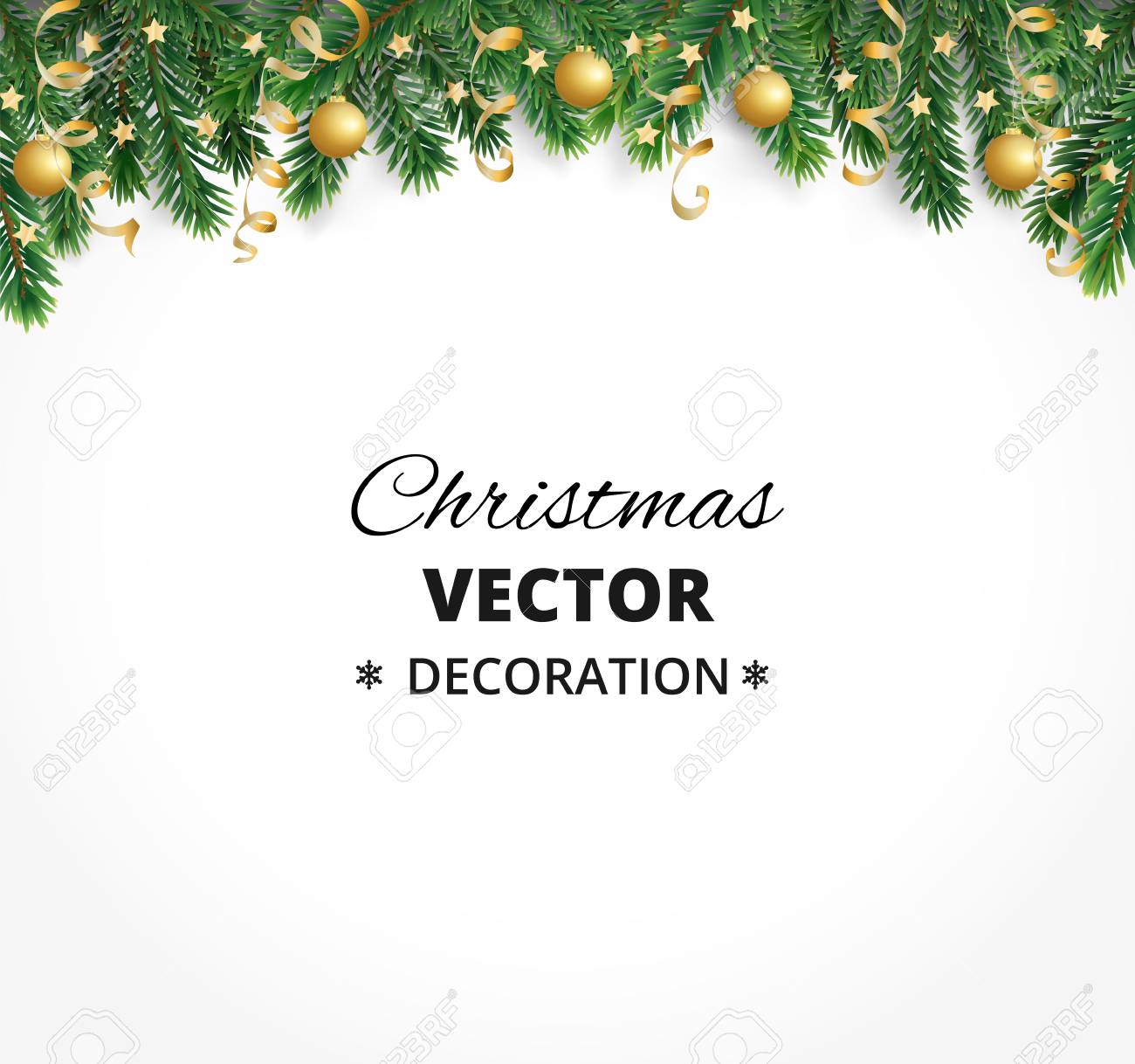 Winter holiday background. Border with Christmas tree branches. Garland, frame with hanging baubles, streamers - 90605319 Winter holiday background. Border with Christmas tree branches. Garland, frame with hanging baubles, streamers - 90605319