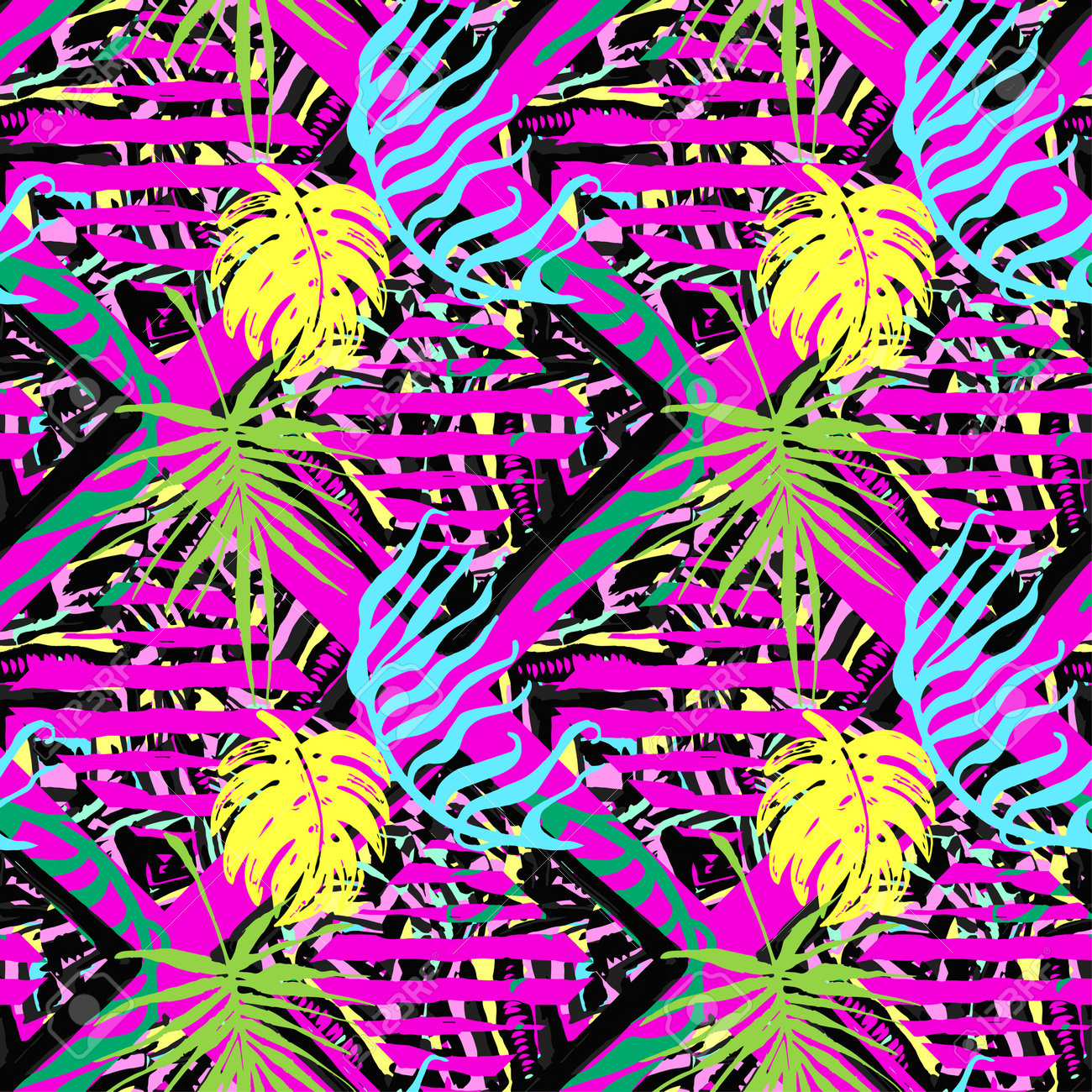 Exotic Leaves Summer Funky Seamless Pattern 80s 90s Pop Art