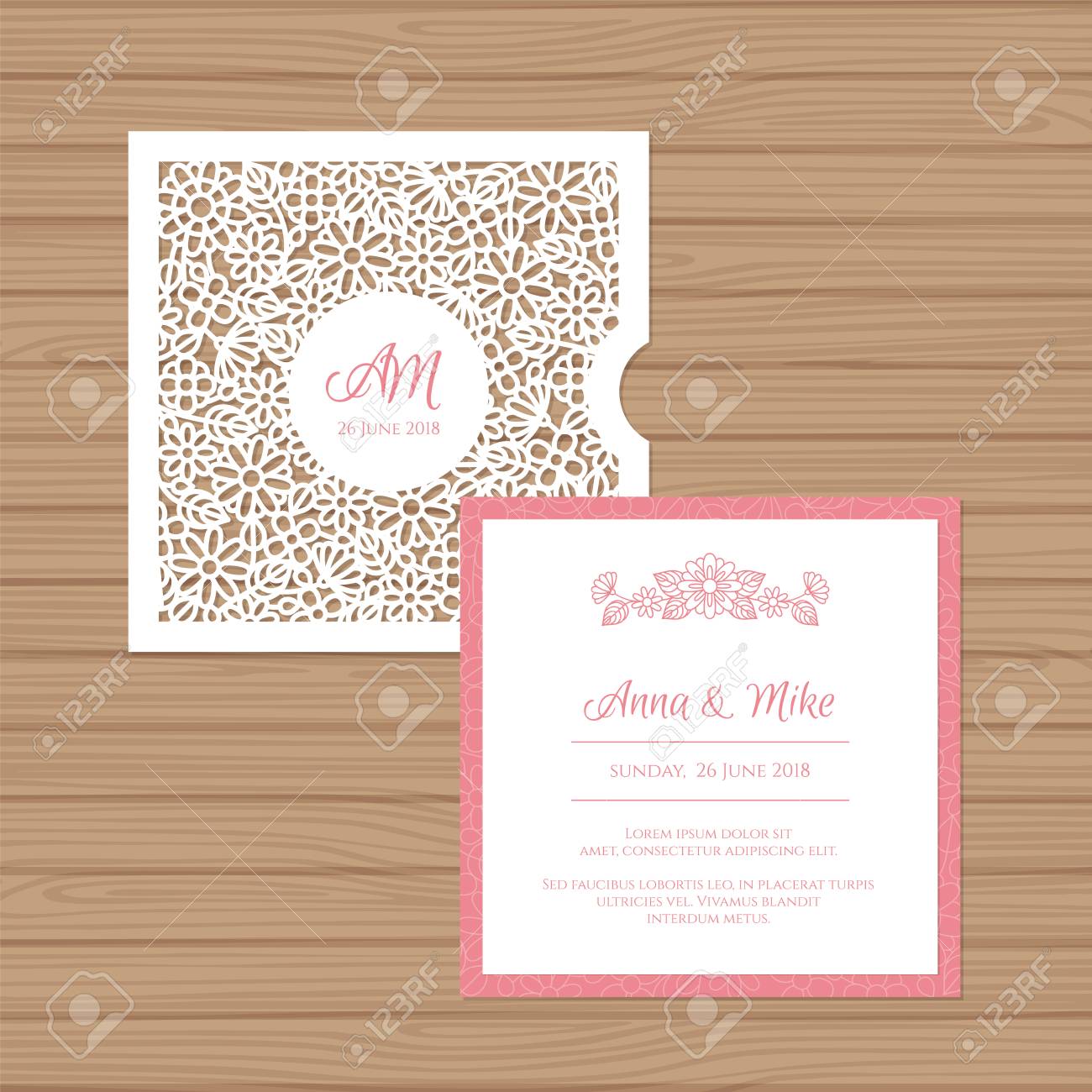 wedding invitation or greeting card with flower ornament cut