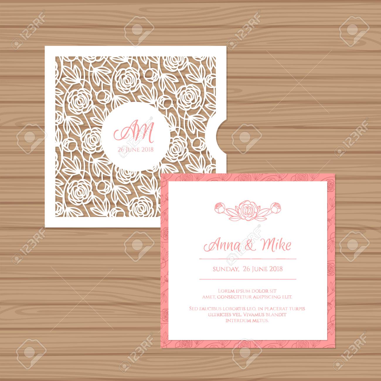 wedding invitation or greeting card with flower ornament cut