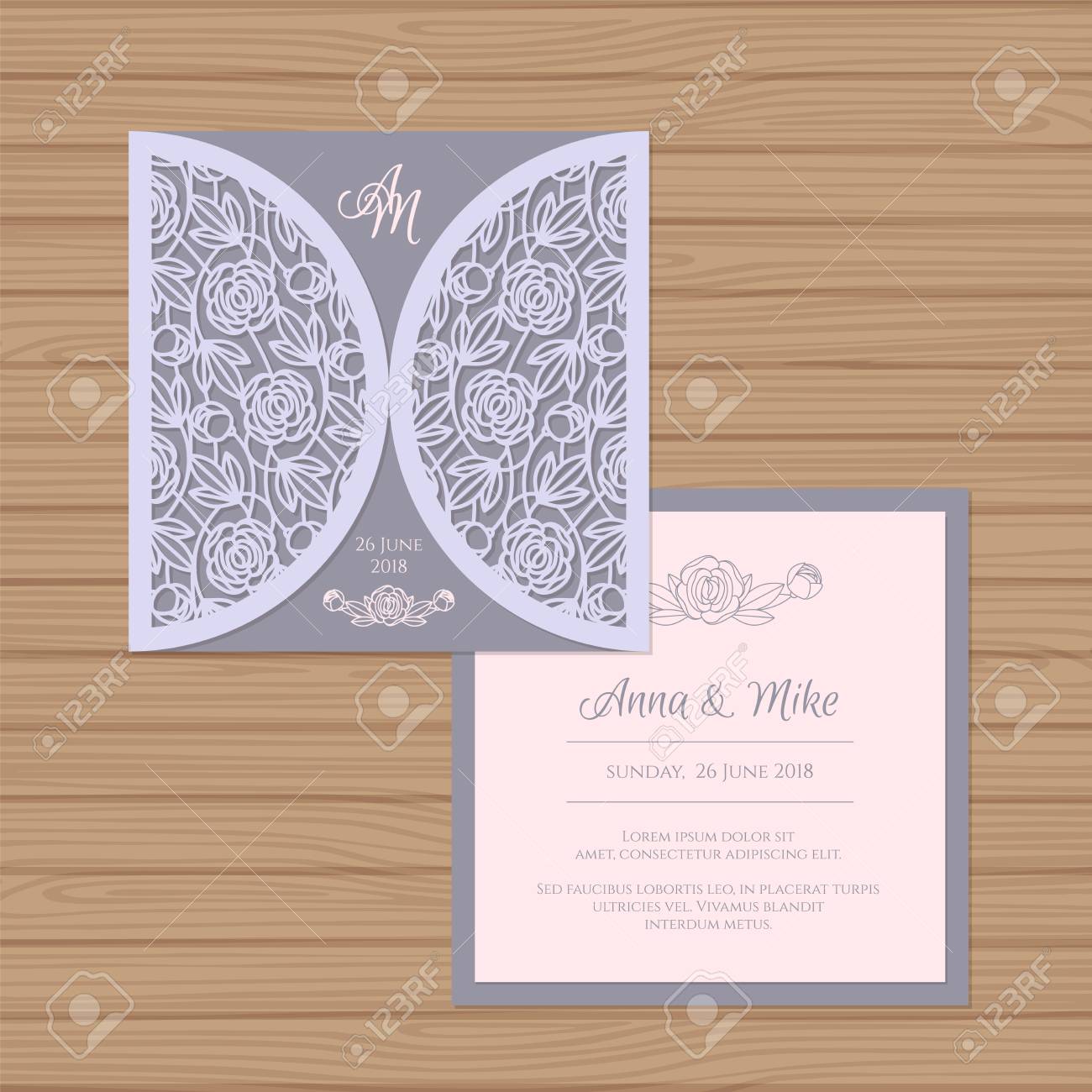 wedding invitation or greeting card with flower ornament cut