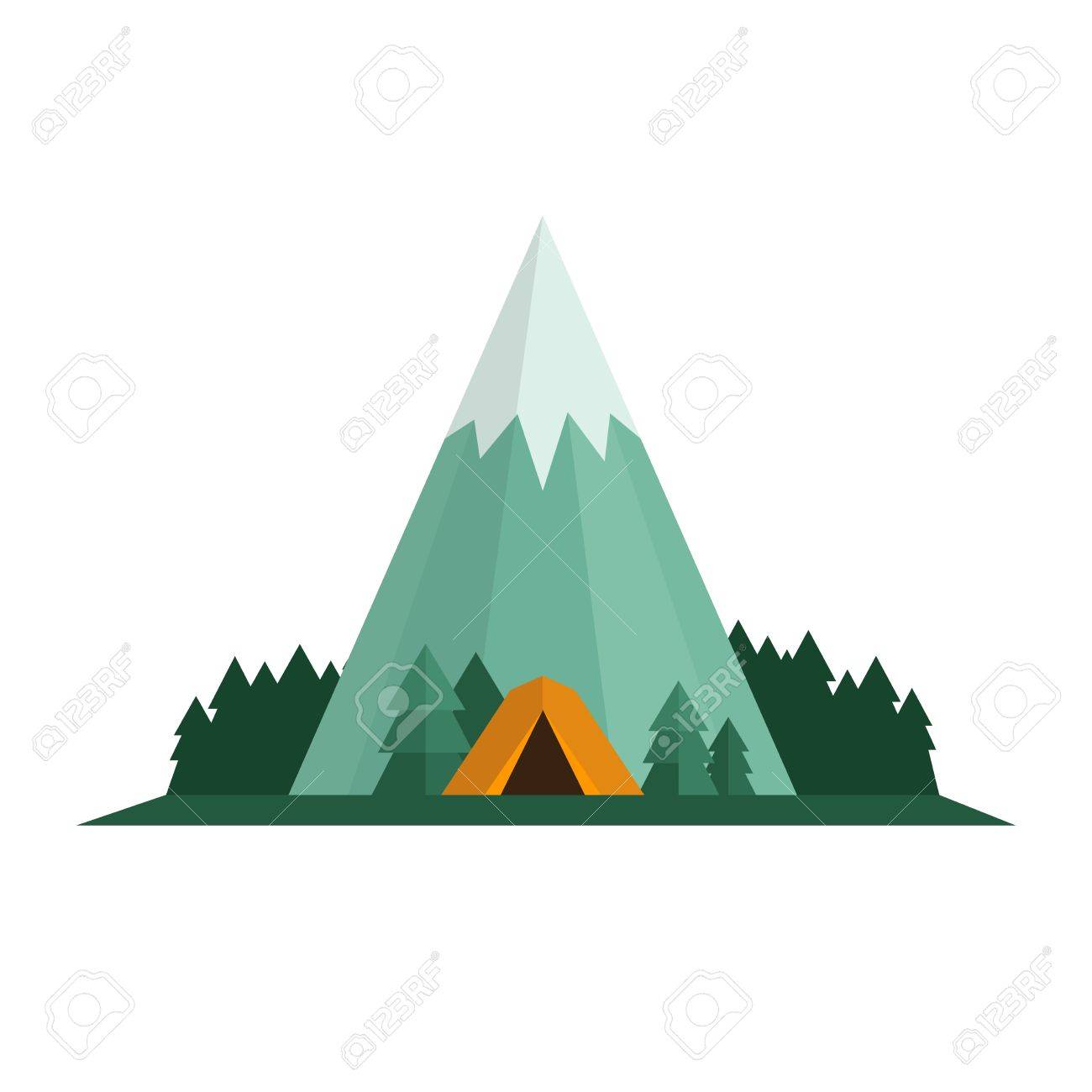 キャンプ トレッキング ハイキングのコンセプト テント 山や森の風景 フラットなスタイル ベクトル イラスト のイラスト素材 ベクタ Image