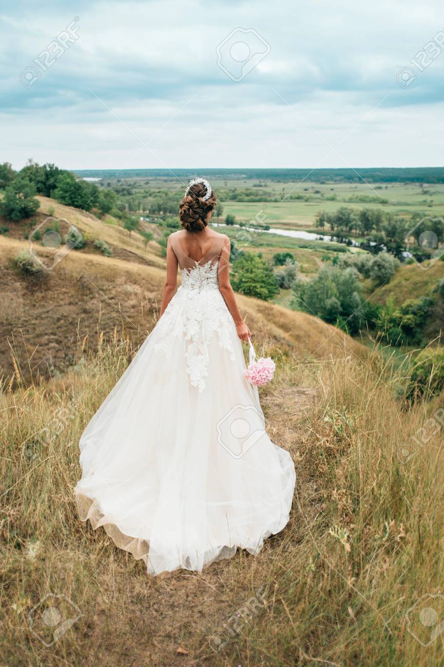 若い女の子 長い結婚式ドレス花嫁が彼女の背中になって川や美しい風景までの距離に視線と クラウン ベールなしで結婚式のヘアスタイル の写真素材 画像素材 Image