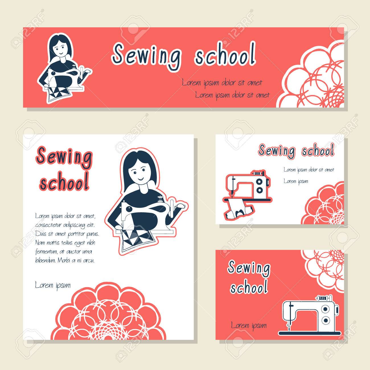 Vector Set Of Cards Template For Sewing School, Tailor Shop, Shop Sewing  Machines. Flat Icon Sewing Girl Seamstress. Set Of Template For Business  Card, Banner, Poster, Magazine, Presentation. Royalty Free SVG, Cliparts,