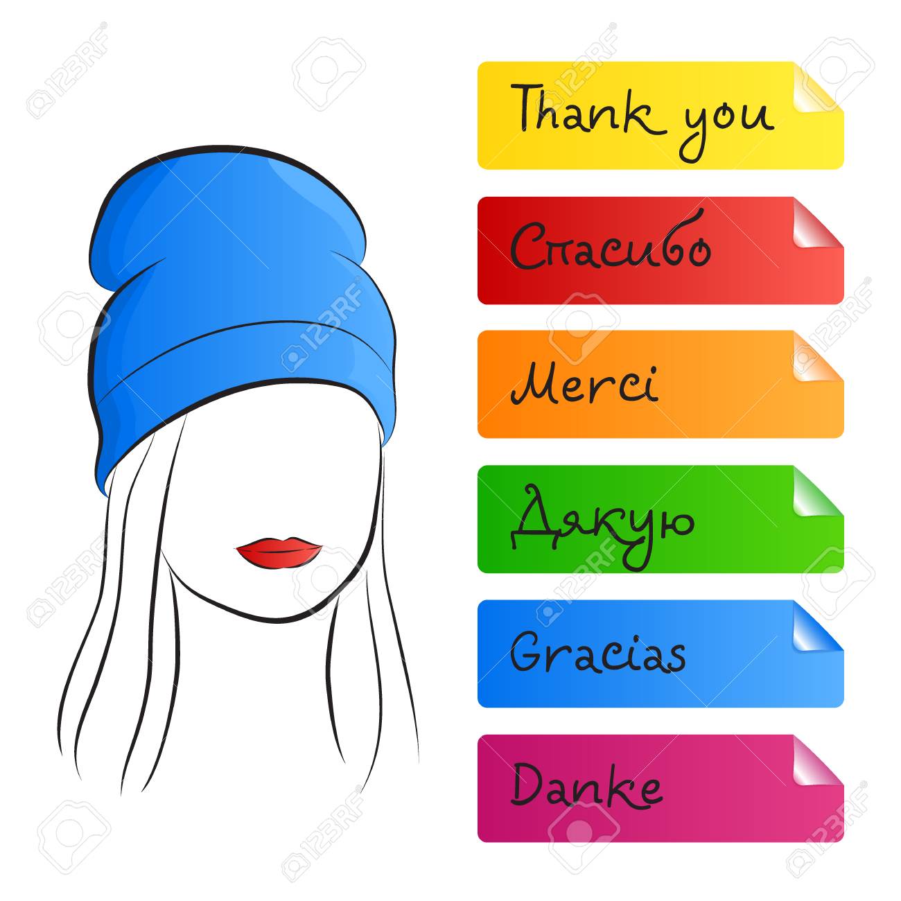 ありがとうの日のテーマ 美しい少女のシルエット ロシア語 フランス語 ウクライナ語 スペイン語 ドイツ語の異なる言語で色とりどりのステッカーに書かれた感謝の言葉 ベクトルの図 のイラスト素材 ベクタ Image