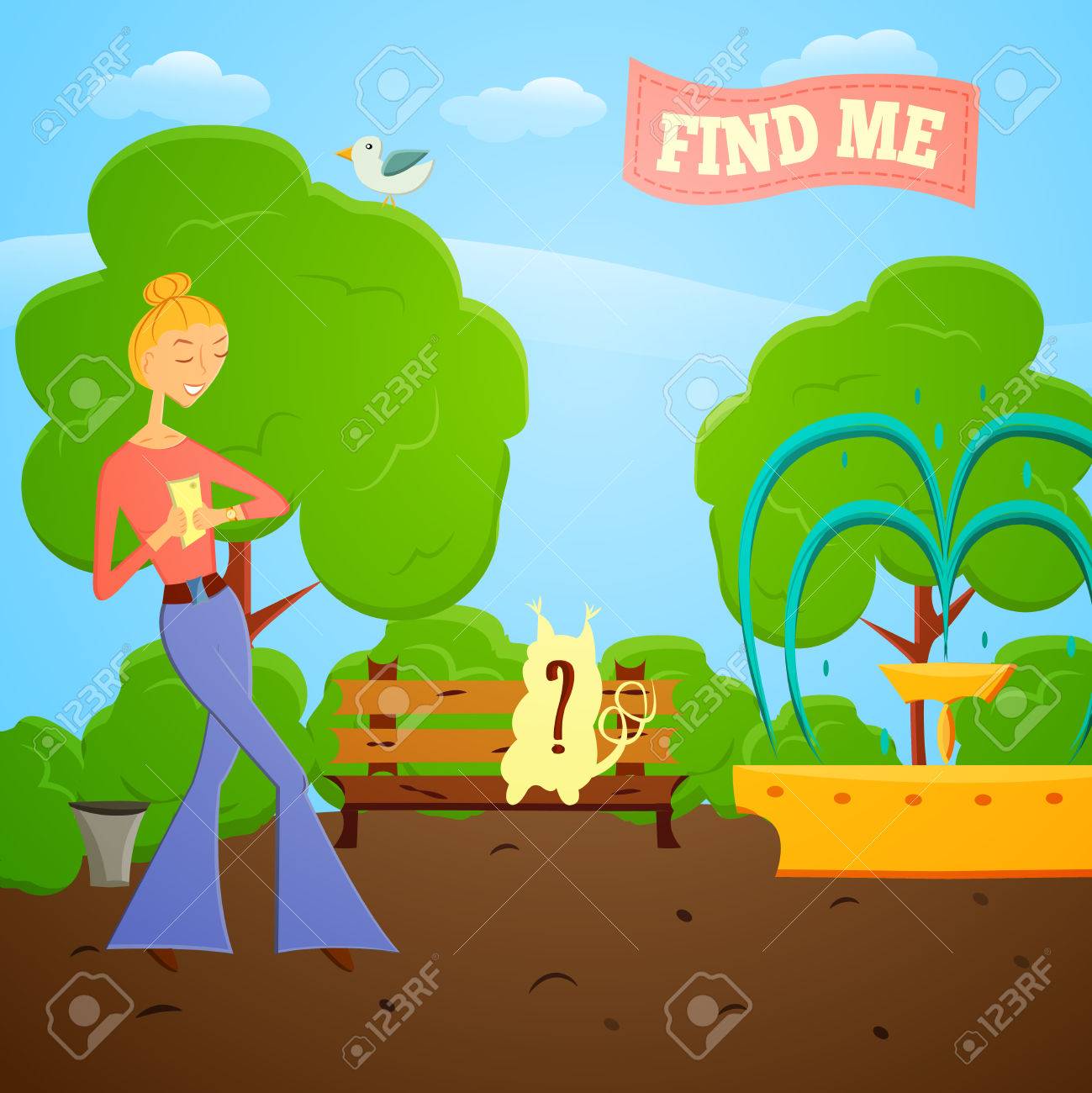 携帯電話で少女漫画 Nature Illustration のグローバルな世界的ゲームで探しに行きます ファッションの女の子行く木々 を配した公園では携帯アプリで珍しい動物をキャッチしてみてください ゲーム スタイルのデザイン のイラスト素材 ベクタ Image