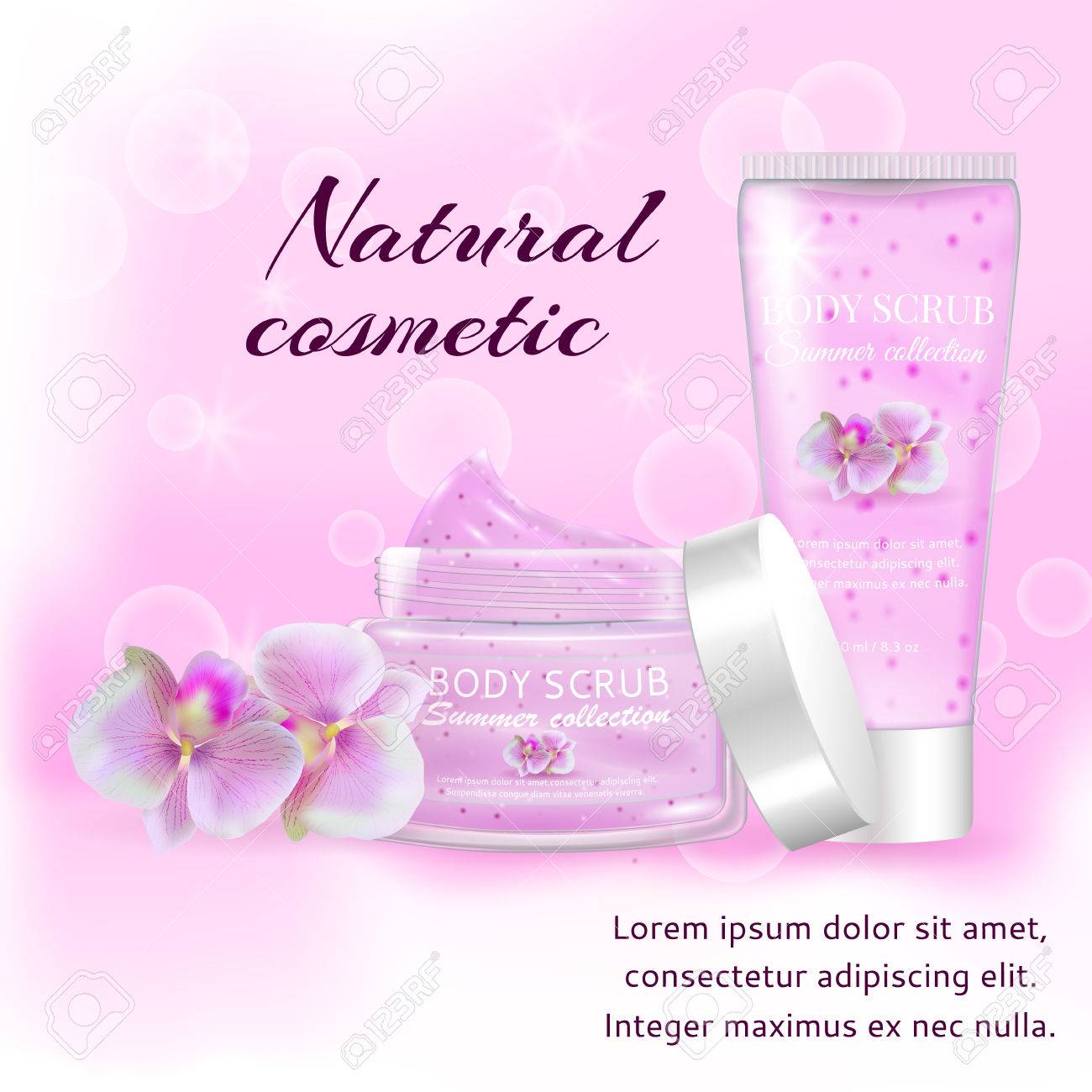現実的な包装体スクラブ ボトル 天然スクラブ蘭化粧品チューブ 皮膚のスクラブ オーガニック化粧品瓶し キャップします ファッション雑誌化粧品広告 高級 化粧品コレクション スクラブ ゲルのイラスト素材 ベクタ Image