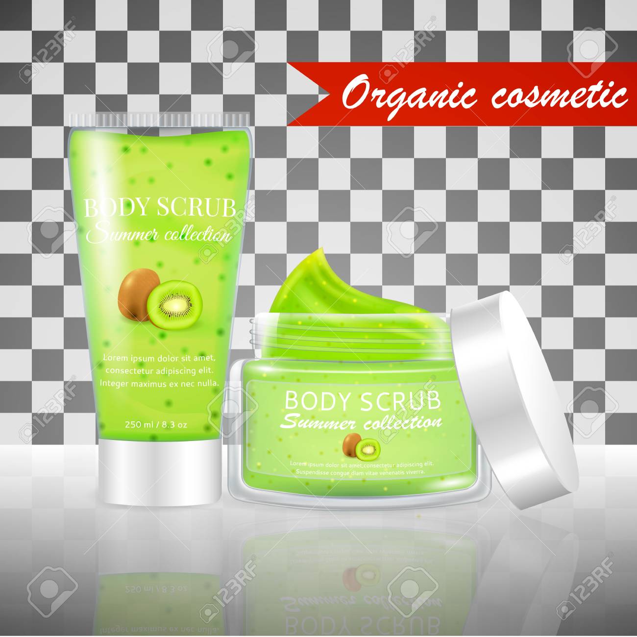 現実的な包装体スクラブ ボトル 有機キウイ化粧品チューブをスクラブします 皮膚のスクラブ オーガニック化粧品瓶とキャップ ファッション雑誌化粧品広告 高級化粧品コレクション スクラブ ゲルのイラスト素材 ベクタ Image