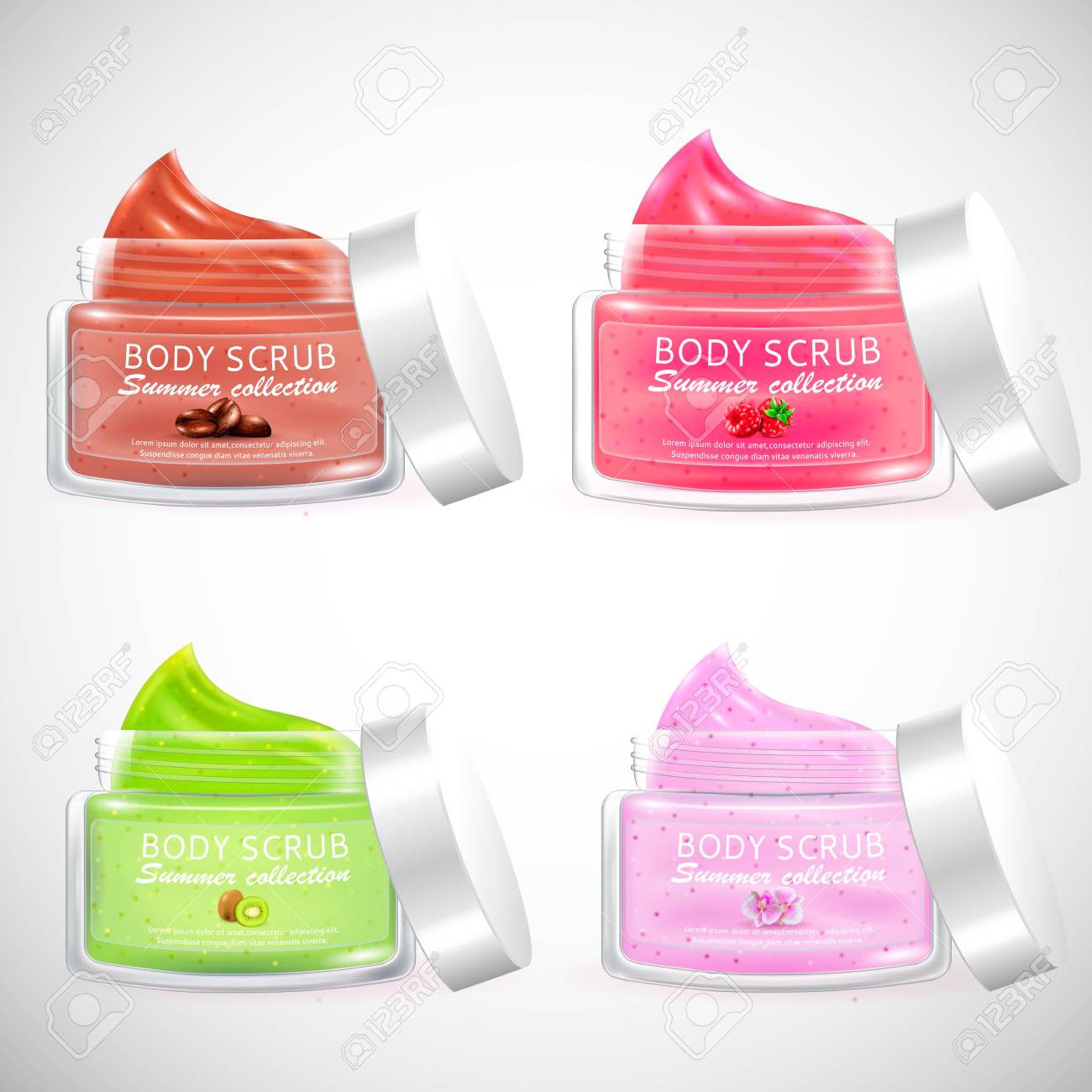 現実的な包装ボディス クラブ ゲル 夏のコレクション オーガニック化粧品 Packagesl 雑誌広告のファッションのイラスト素材 ベクタ Image