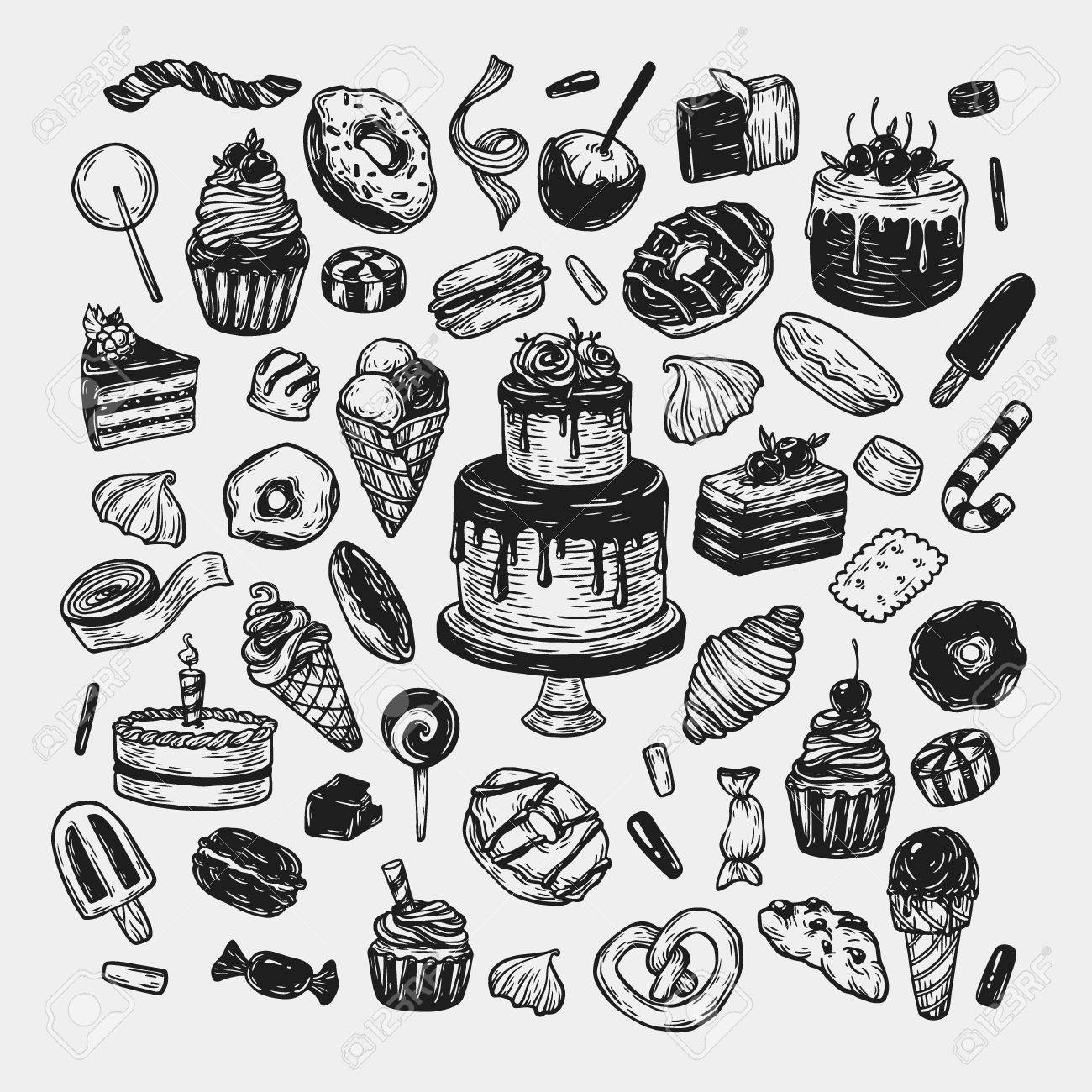 ベクトルのお菓子 手描きのお菓子のセットです ペストリー 平ひも デザート ケーキ アイスクリーム ドーナツ カップケーキ お菓子 パン屋さん の イラスト素材 ベクタ Image