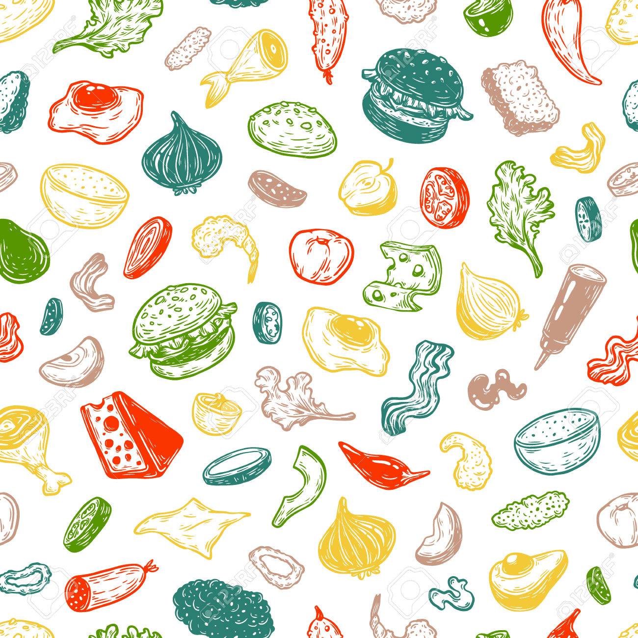 ハンバーガーの食材 ハンバーガー 野菜 肉の種類で手描きの背景パターンのソース カフェ メニューのレストランのイラスト のイラスト素材 ベクタ Image