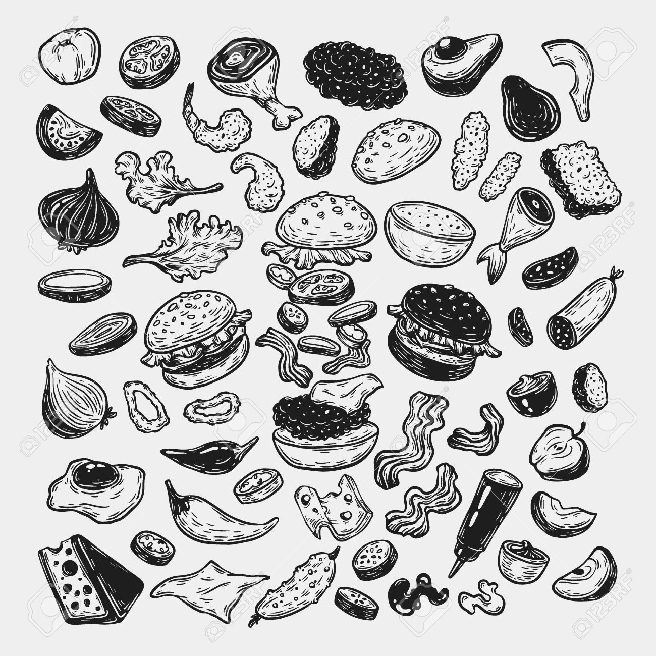 ハンバーガーの食材 手描きの背景ハンバーガー 野菜 肉の種類で設定ソース カフェ メニューのレストランのイラスト のイラスト素材 ベクタ Image