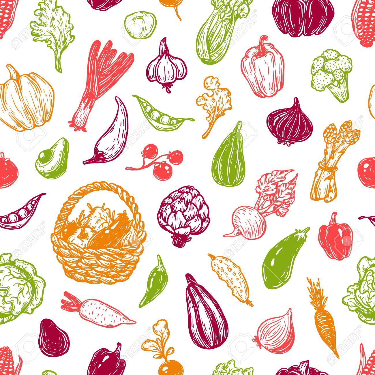 野菜と手の描かれたパターン 大きな野菜コレクション 新鮮な自然とベジタリアン料理 スタイル フリーハンドをスケッチします のイラスト素材 ベクタ Image