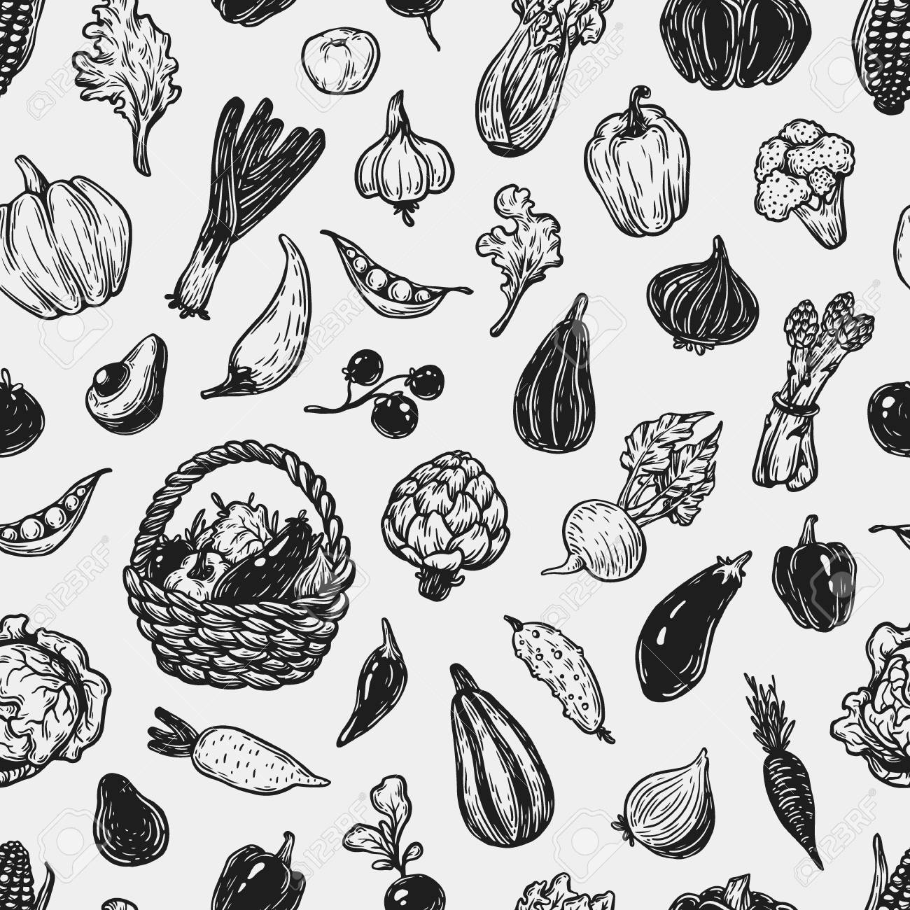 野菜と手の描かれたパターン 大きな野菜コレクション 新鮮な自然とベジタリアン料理 スタイル フリーハンドをスケッチします のイラスト素材 ベクタ Image