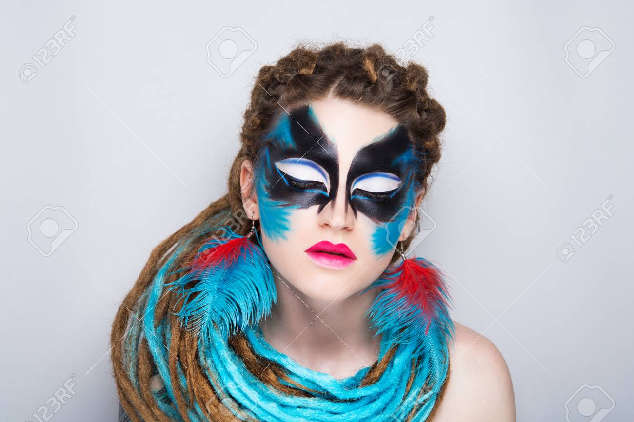 Young Beautiful Girl Woman With Brown Blue Dreadlocks Stylish