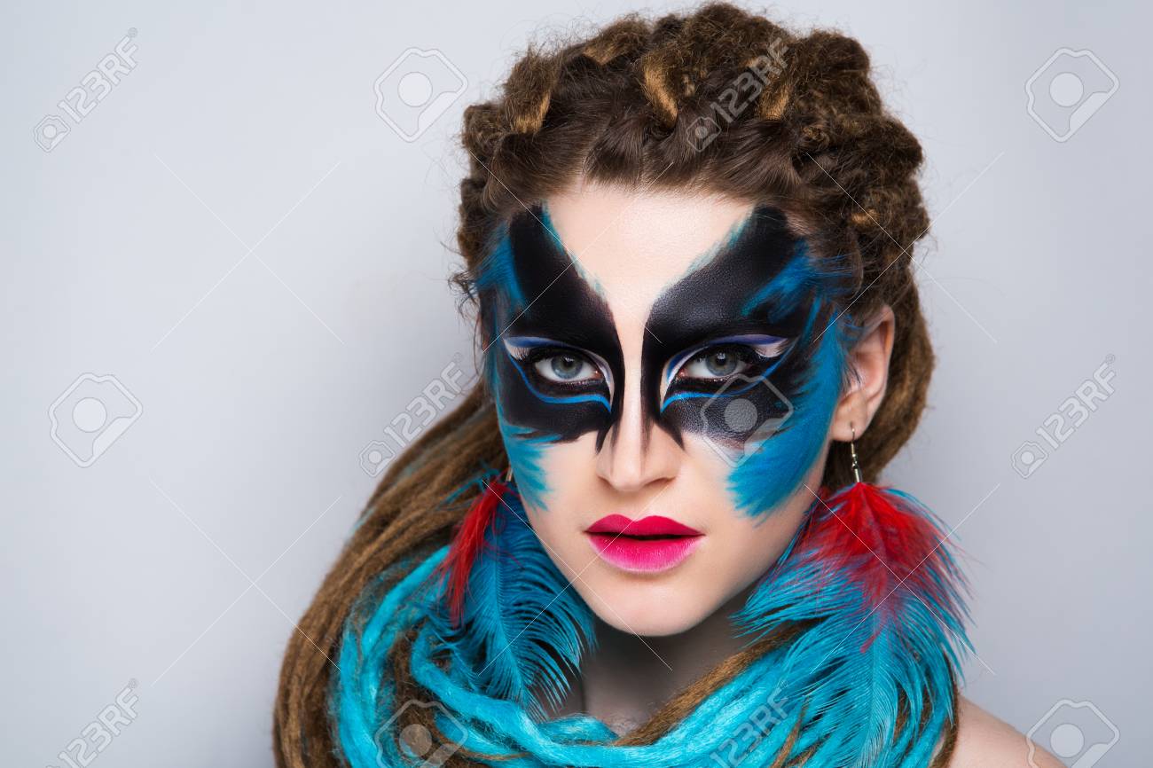 Young Beautiful Girl Woman With Brown Blue Dreadlocks Stylish