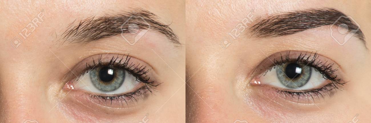 前に眉毛を完璧な後 目 眉の前に 補正後の 2 枚の写真 ケアとカラーリング ナチュラル ライトブラウン 目のレビューは 形状 手順を完璧な ケアは 薄く 引き抜き の写真素材 画像素材 Image