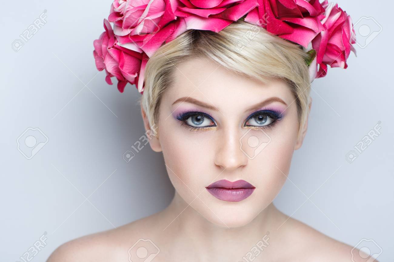 Closeup Portrait Of Beautiful Girl Woman Lady With Short Haircut