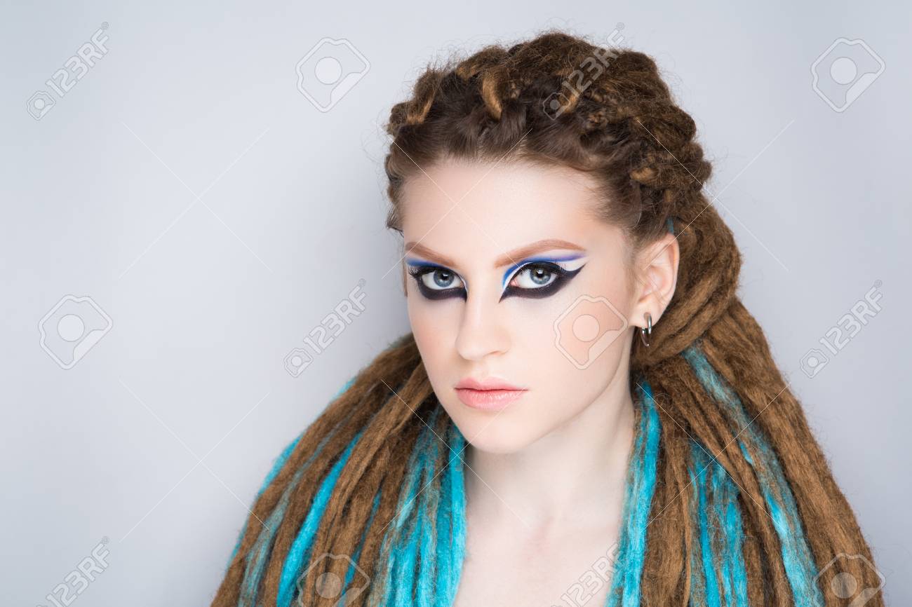 Young Beautiful Girl Woman With Brown Blue Dreadlocks Stylish