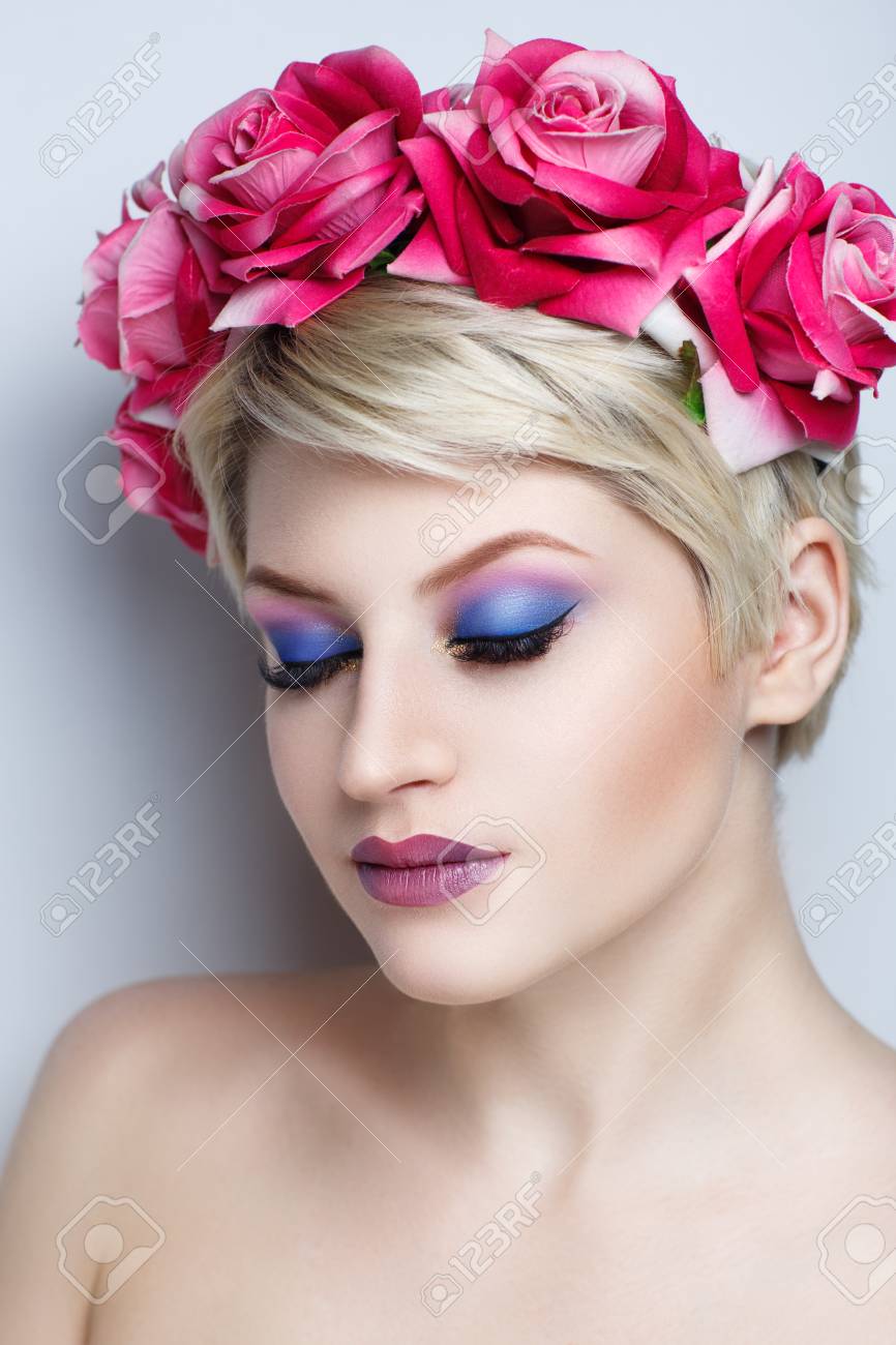 Closeup Portrait Of Beautiful Girl Woman Lady With Short Haircut