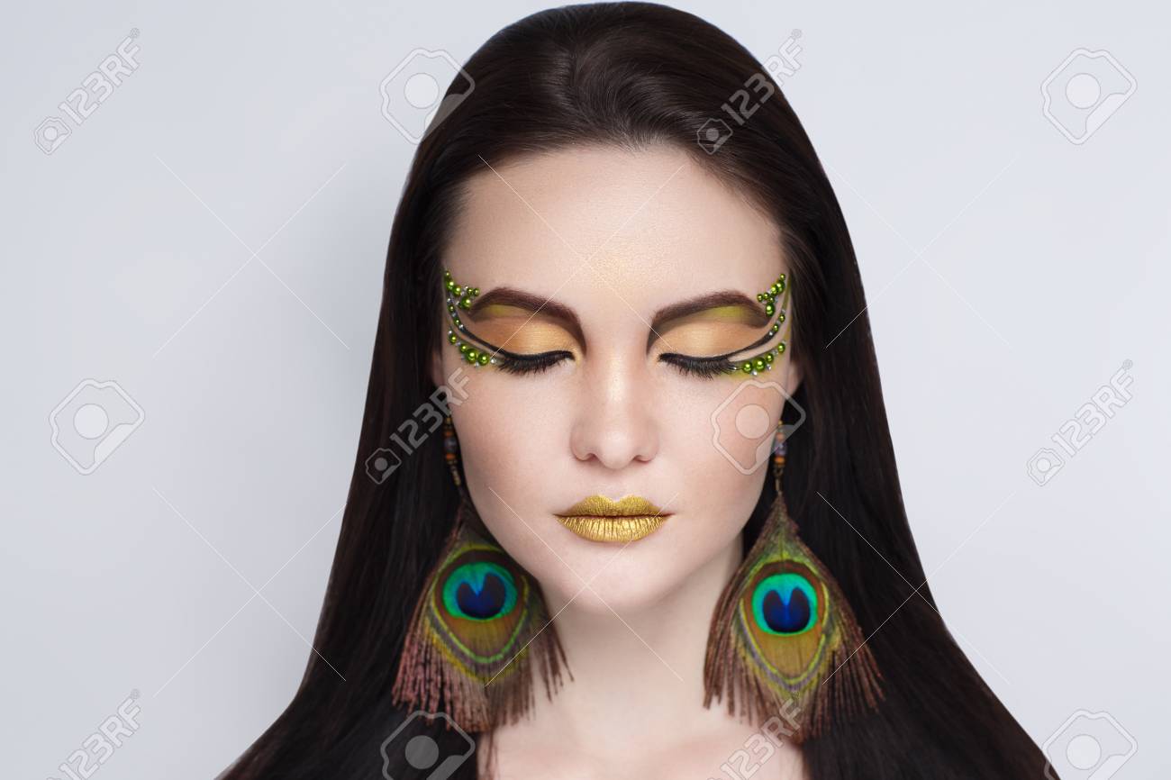 Beautiful Woman Lady Model With Big Colorful Peacock Feathers