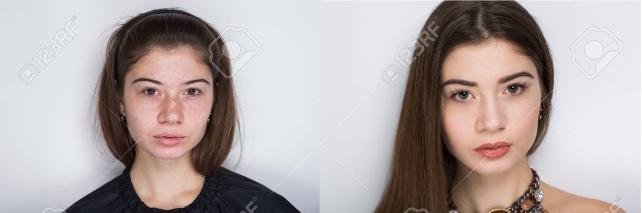Comparison Portrait Young Beautiful Woman Without And With Makeup Cosmetics Nude Natural Beauty Make Up Comparison Portrait Young Beautiful Woman Without And With Makeup Cosmetics Nude Natural Beauty Make Up
