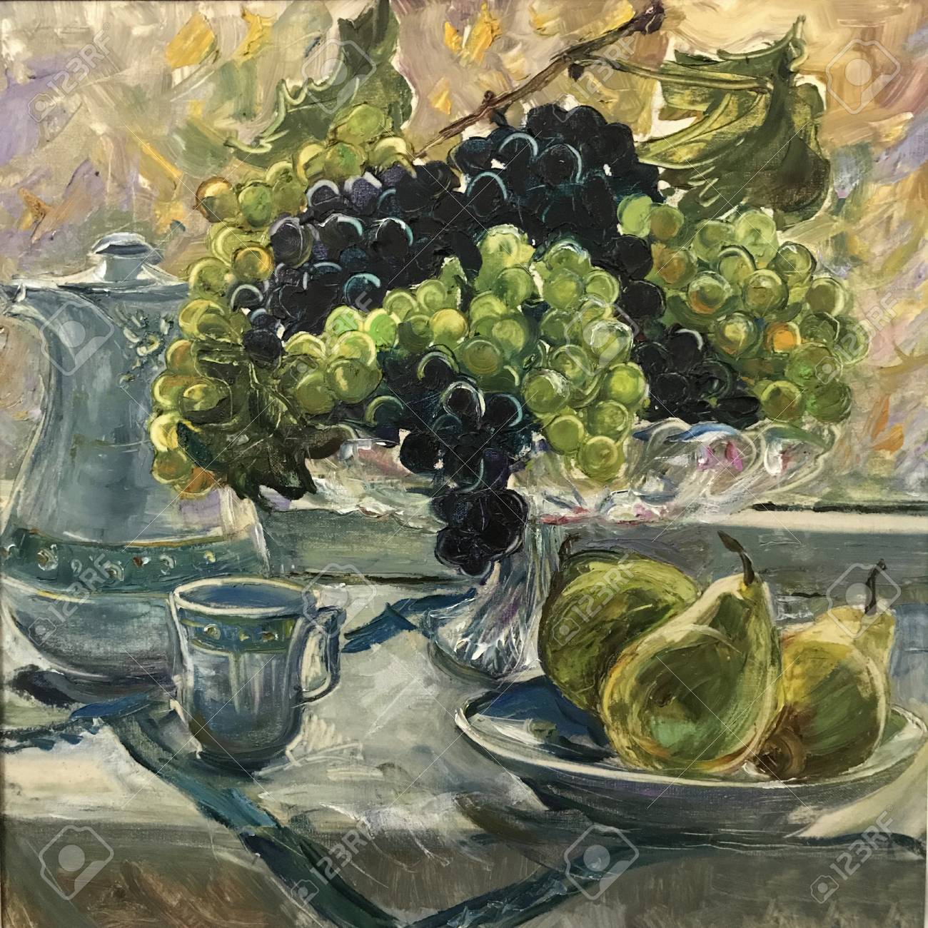果物の静物画。キャンバス上のリアルな油絵。果物は美しく配置