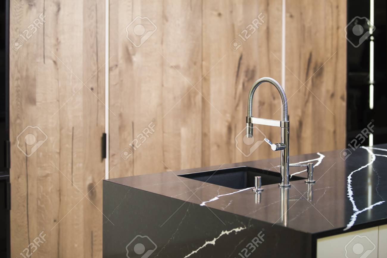 Kitchen Faucet Modern Kitchen In Loft Style Black Marble Table Stock Photo Picture And Royalty Free Image Image 100601243