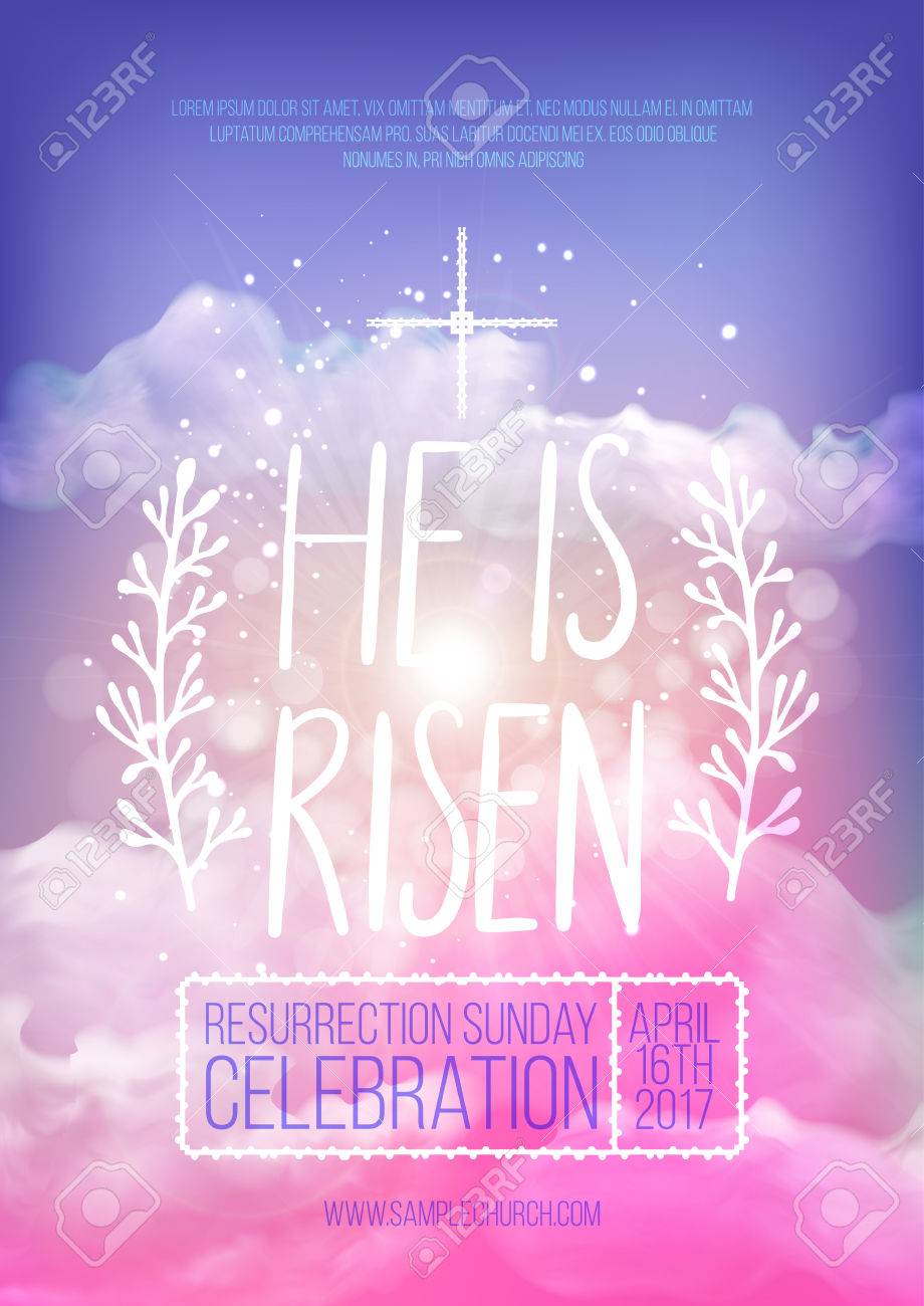 he is risen vector easter religious poster template with church invitation flyer
