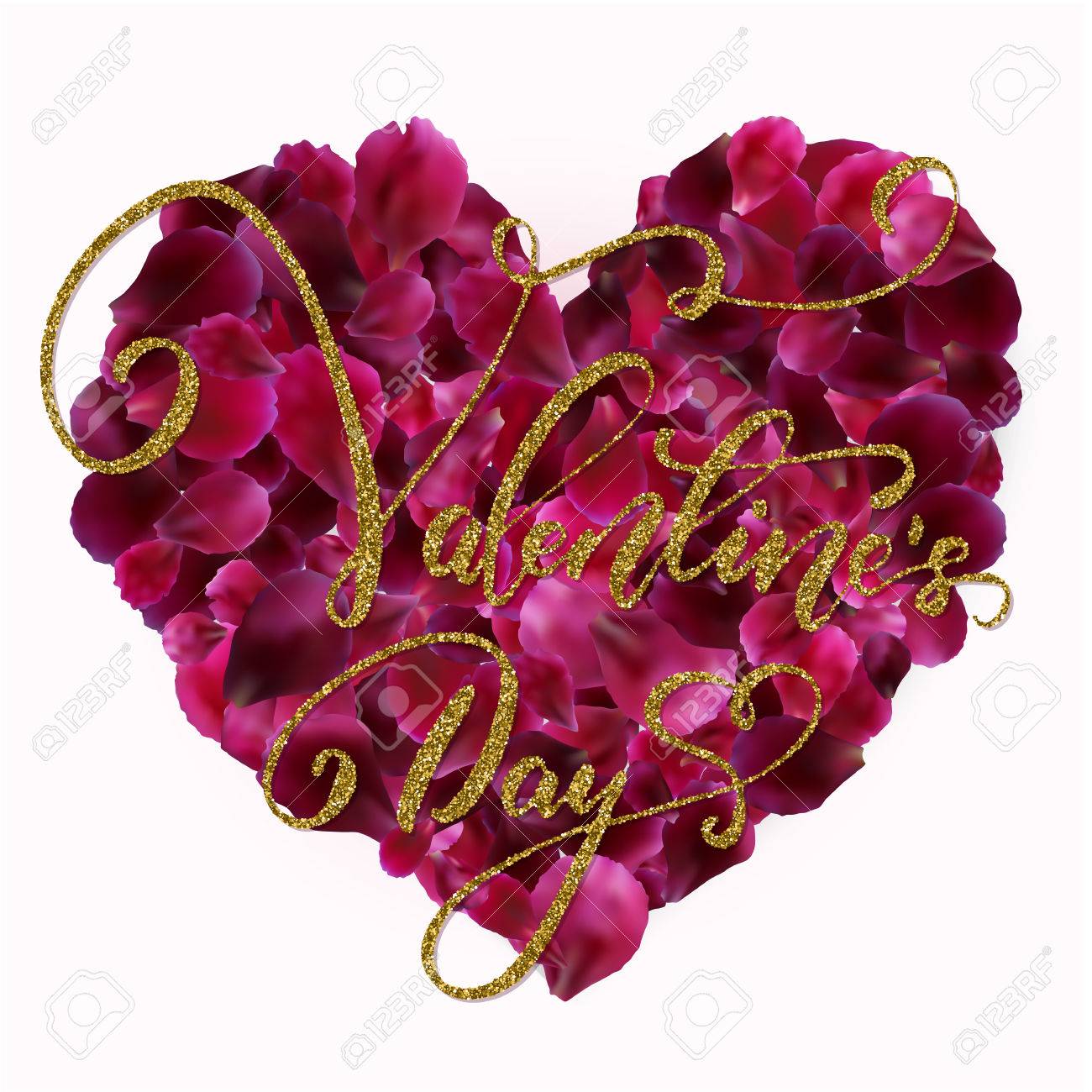 フライング ピンク 赤のバラの花びらハート バレンタインの日に手書きレタリング抽象的な背景 ベクター グラフィックは 白い背景で隔離 のイラスト素材 ベクタ Image