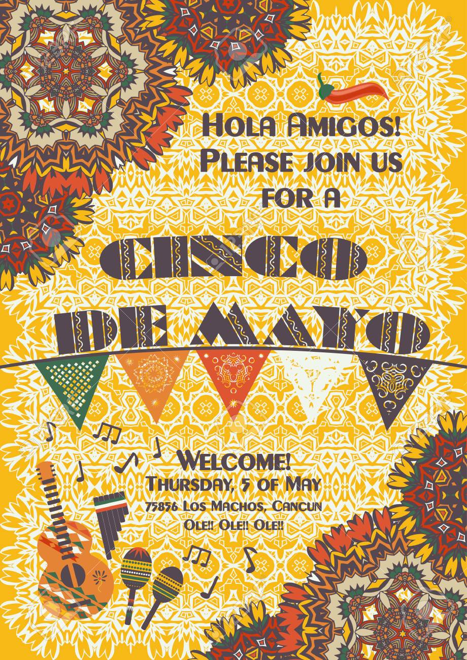 シンコ デ メキシコのお祭りポスター テンプレート 民族装飾パターンと背景カット紙のバナー ガーランド ご挨拶 招待状または民族のマンダラ パターンとポスターのカード テンプレートです のイラスト素材 ベクタ Image