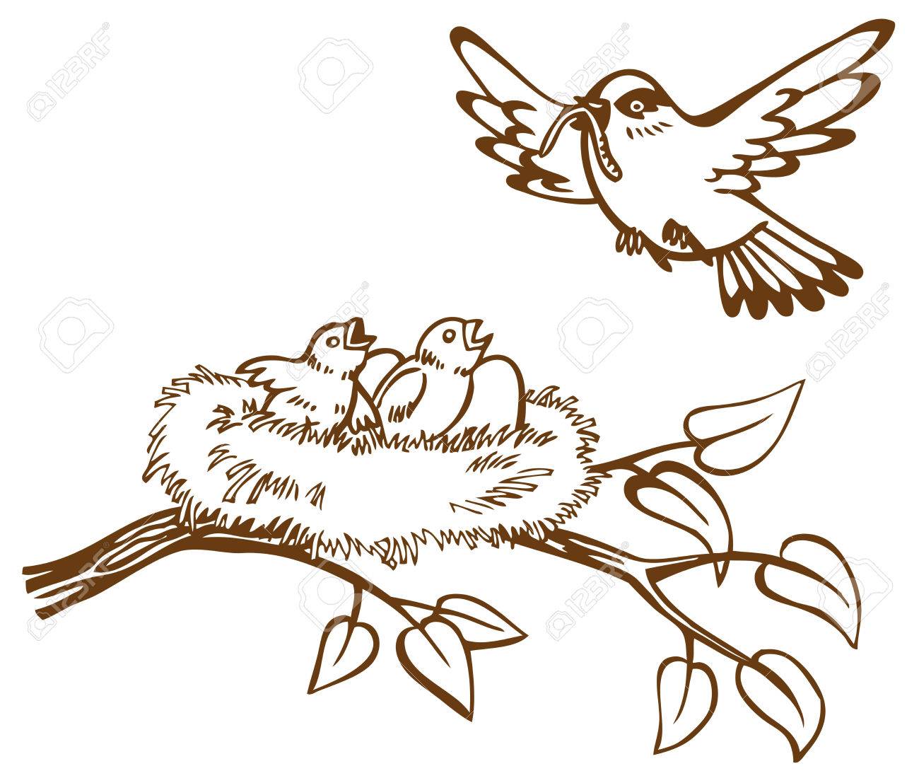 Illustration Of The Bird Carries A Worm In Nest With Eggs And Chicks Royalty Free Cliparts Vectors And Stock Illustration Image