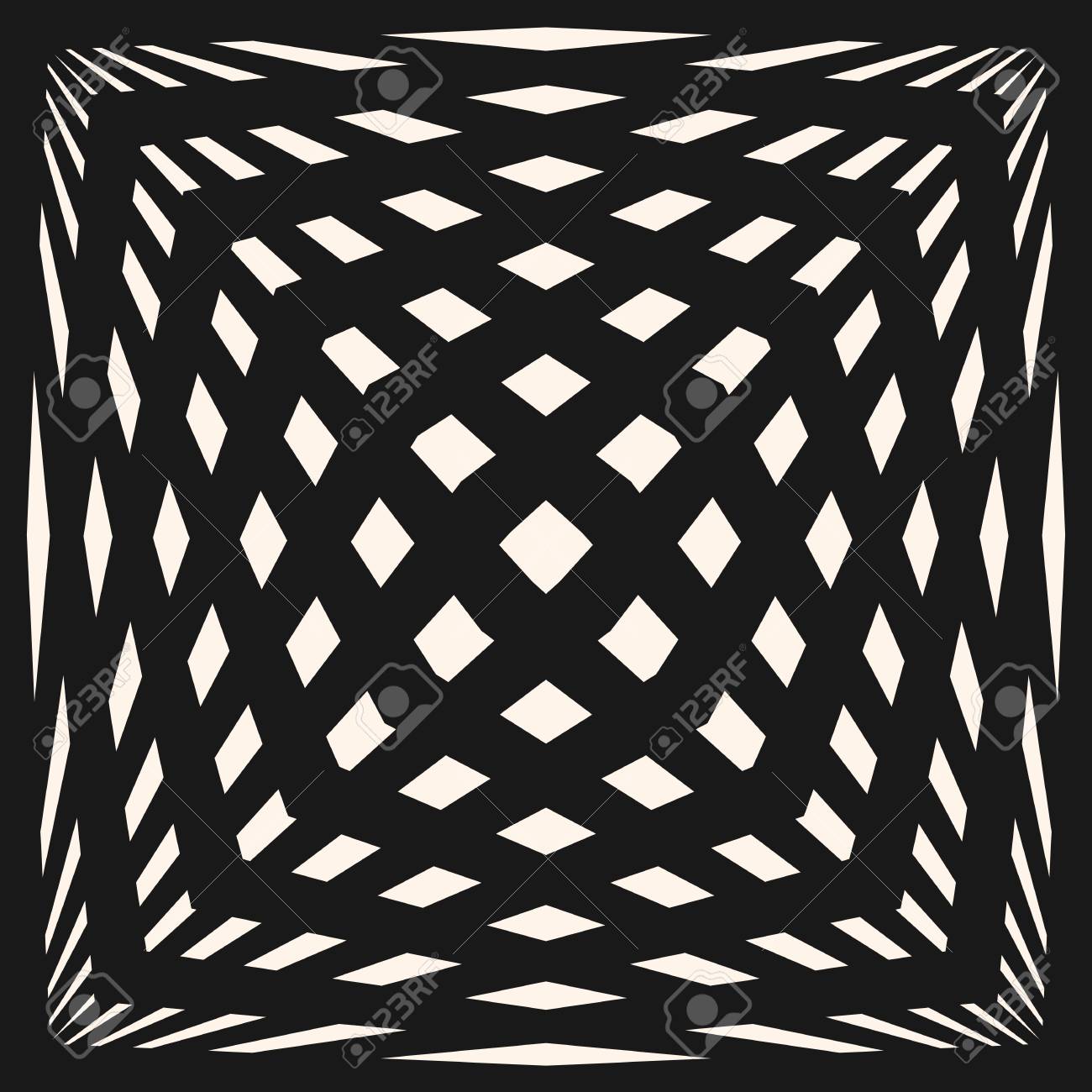 ベクトルの幾何学的な市松模様 交差線 ストライプ 黒 白のシームレスなテクスチャは 立方形を伸ばした 目の錯覚効果 モダンな白黒の抽象的な背景 ポップ アート スタイルのイラスト素材 ベクタ Image