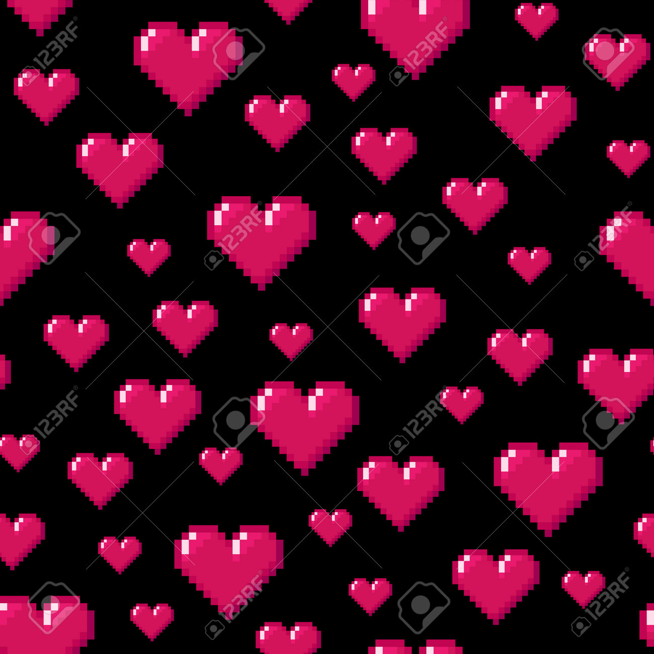 Seamless Pattern With Small Red Hearts On Black Backdrop. Pixel Inside Pixel Heart Pop Up Card Template