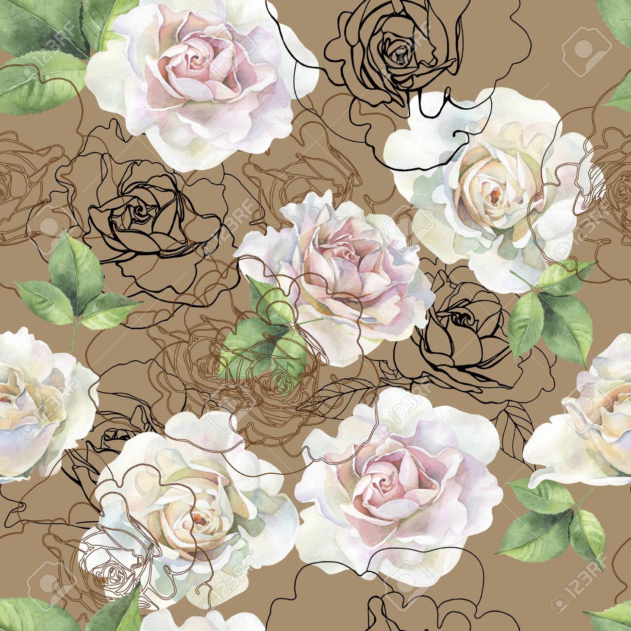 Seamless pattern of watercolor roses and graphics - 128254224 Seamless pattern of watercolor roses and graphics - 128254224