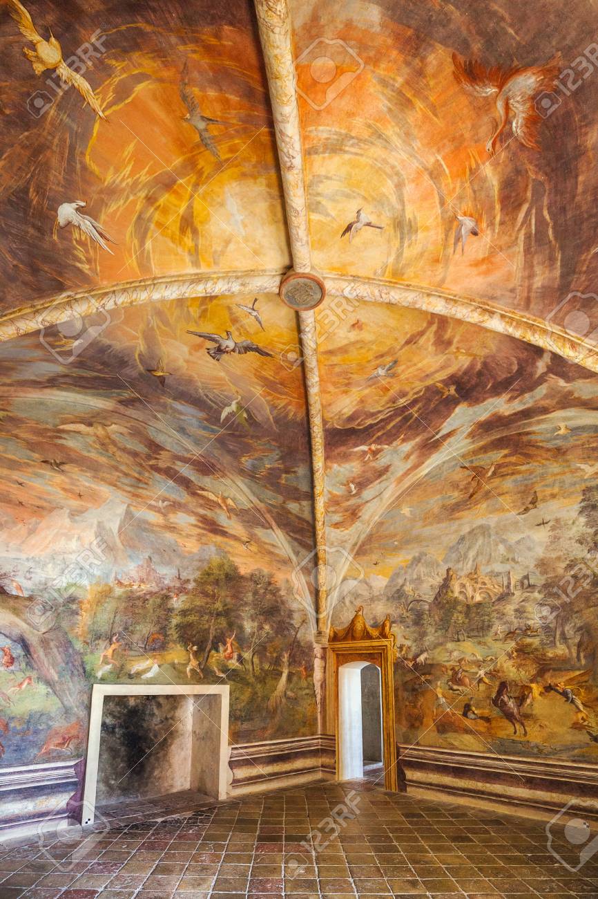 Torrechiara Italy July 17 2016 Hall With Medieval Wall Paintings Stock Photo Picture And Royalty Free Image Image 94092187