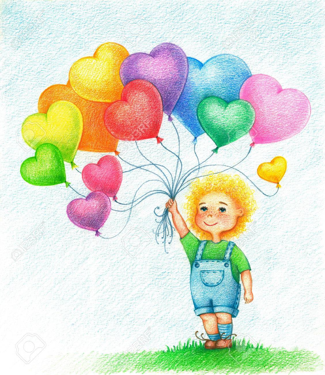 手描き下ろしカラー鉛筆風船の少年の画像 の写真素材 画像素材 Image